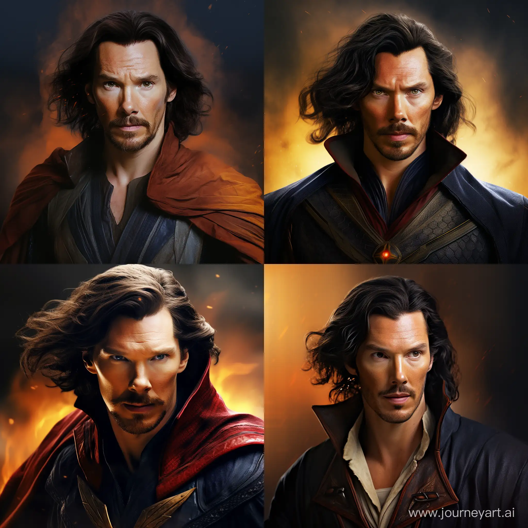 Create a realistic photo of Benedict Cumberbatch as Doctor Strange with long hair