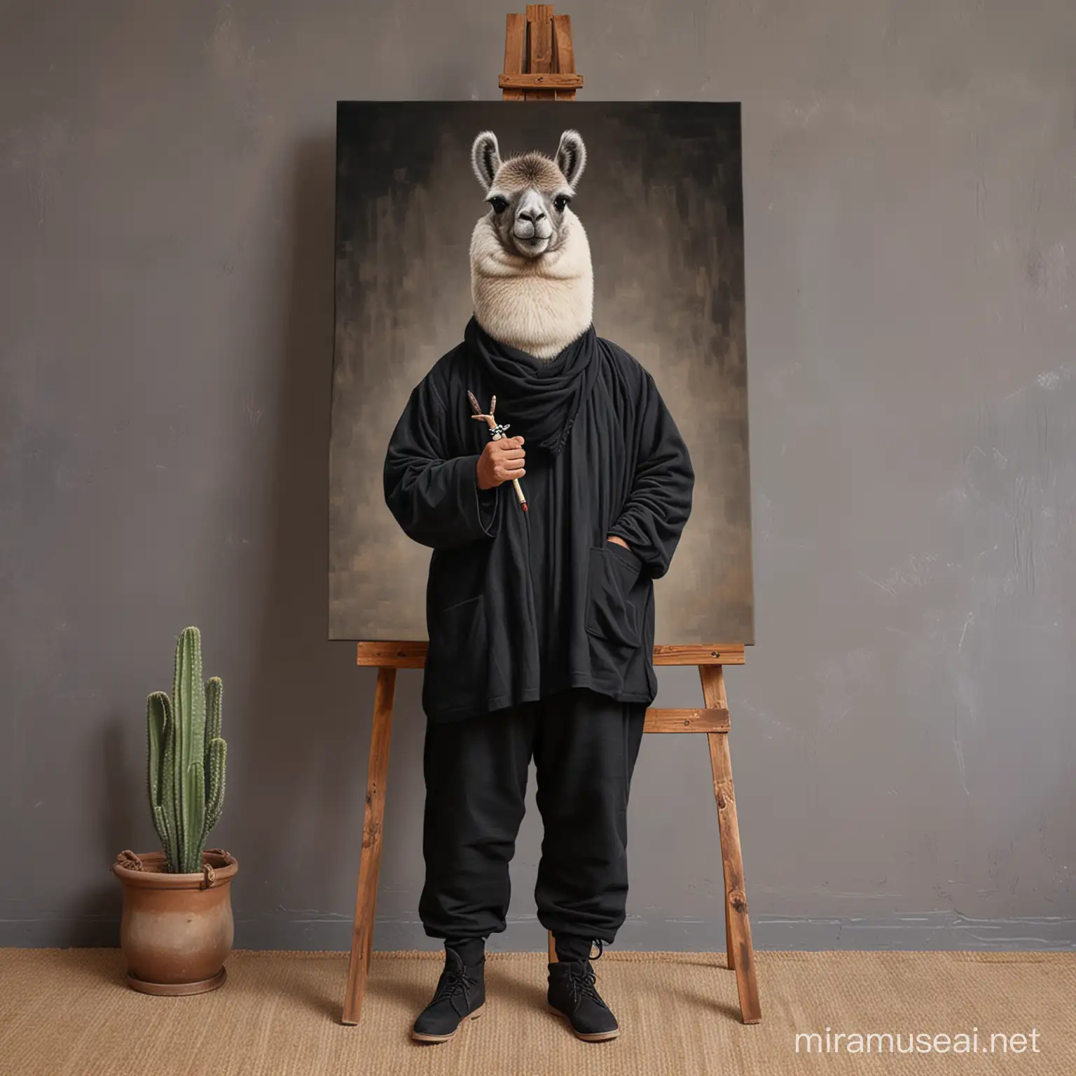 A lama in black men's clothes painting on canvas