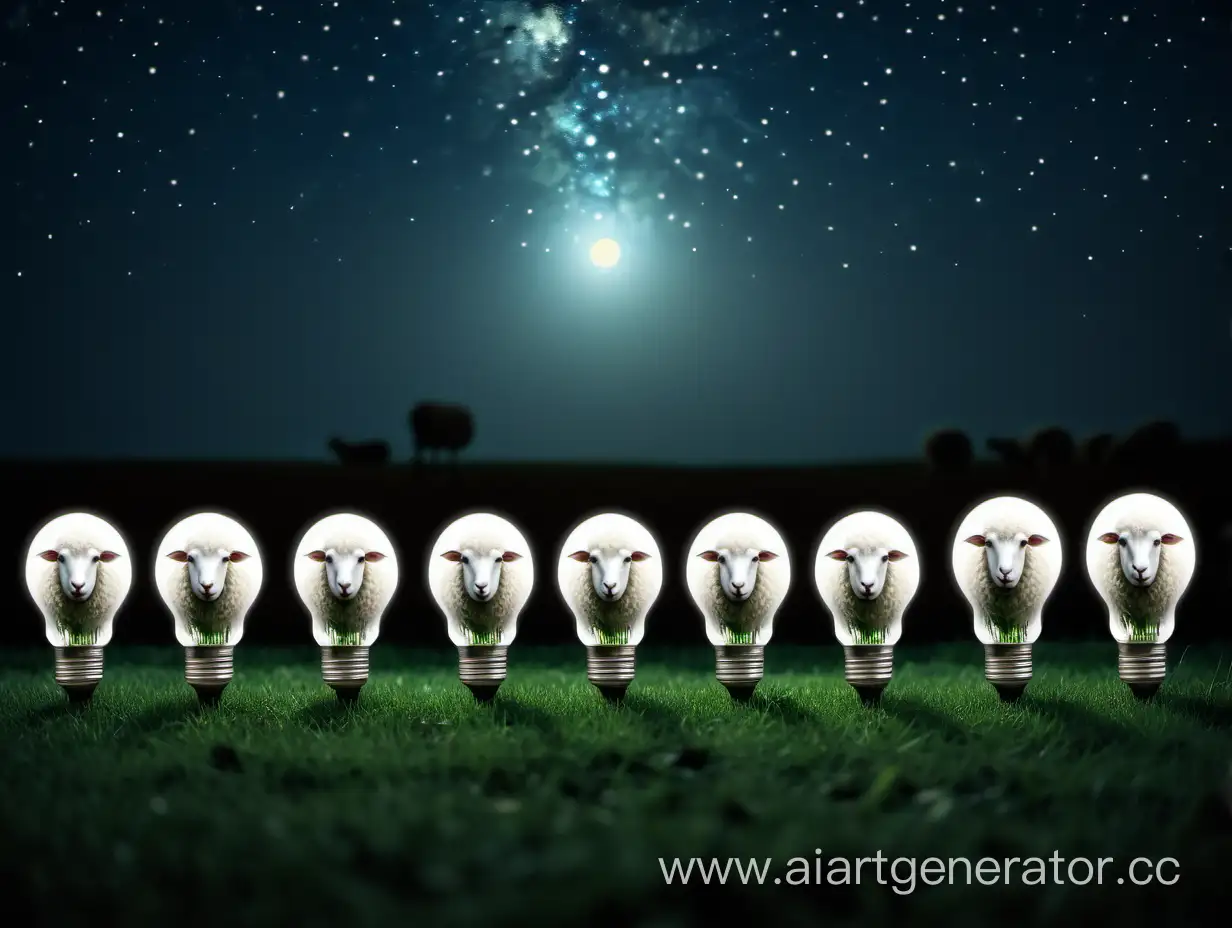 цокольные лампочи которые похожи на овец и они пасутся на поле в звездную ночь
