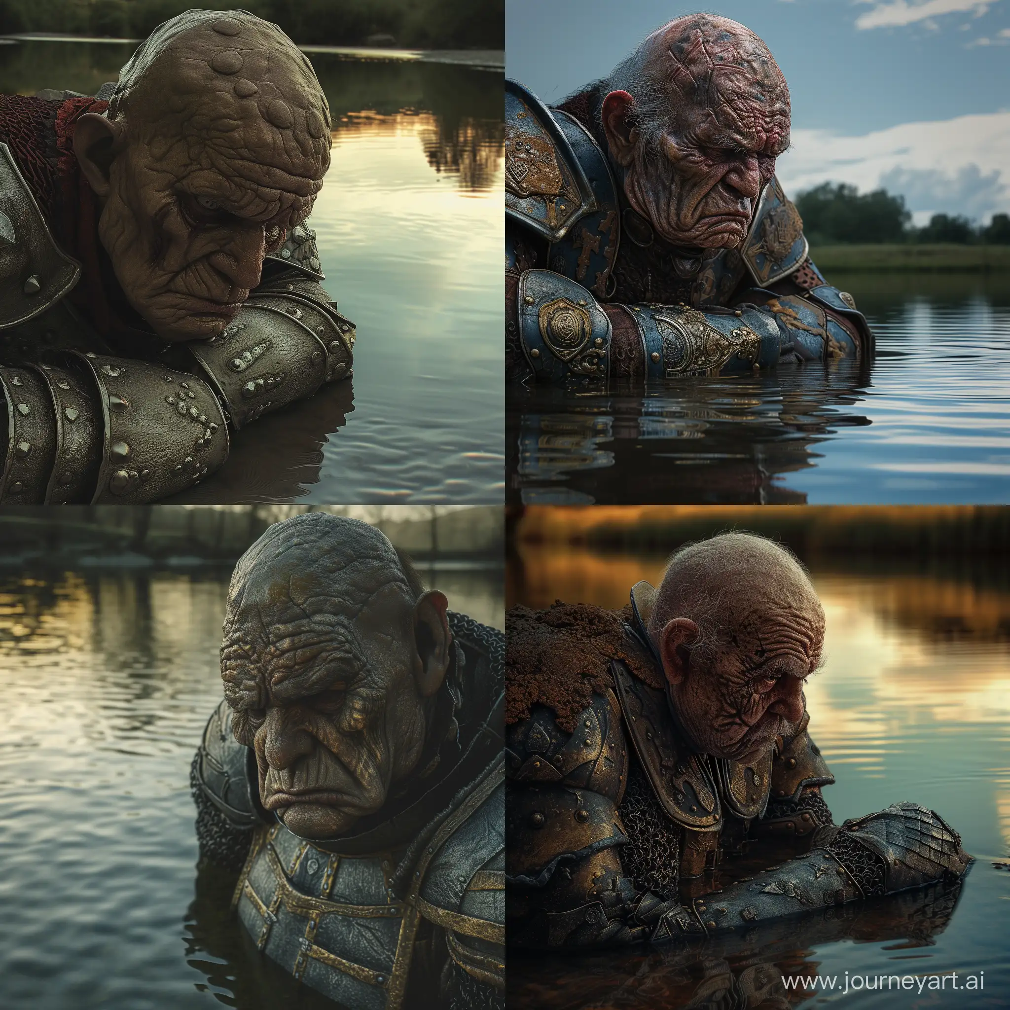 old hulk  from the Middle Ages wearing armor, sad, with sad features that appear in his eyes,setting in front of the edge of the river, with reflections in the surface of the water, in a beautiful artistic, realistic Photoshop   --v 6