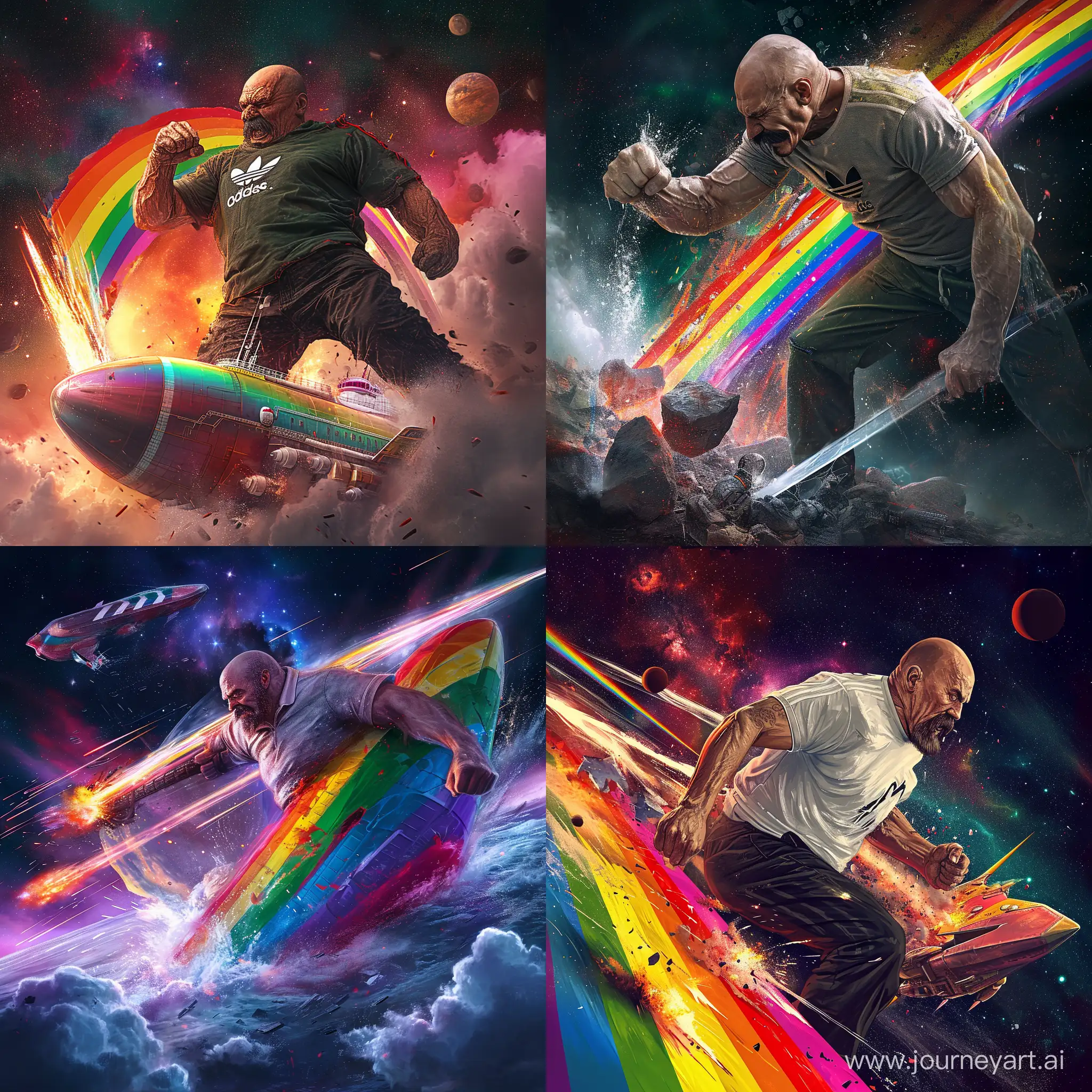 Giant evil Lenin in adidas in space is smashing rainbow starship with his iron fist, realistic, hd