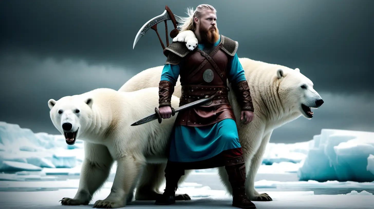 create an epic, vivd image of a viking owning one white polar bear as a pet