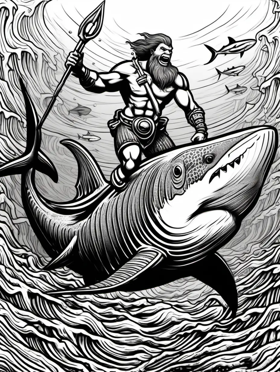  warrior mermen riding  big sharks, low detail, underwater, sea- floor, black and white, cartoon style,thick lines,no shading, no colour,  