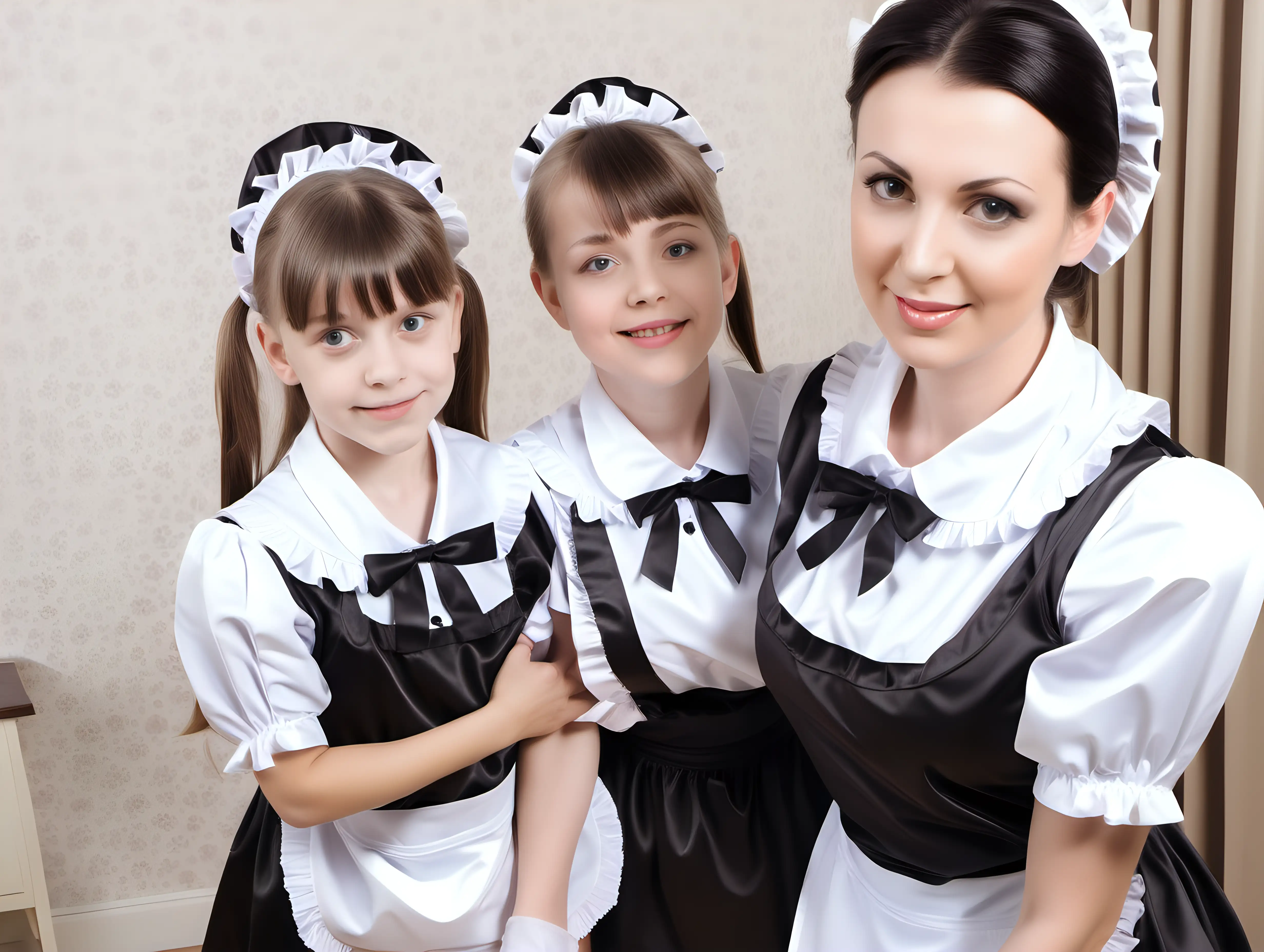 Charming MotherDaughter Duo in Elegant Satin Maid Uniforms