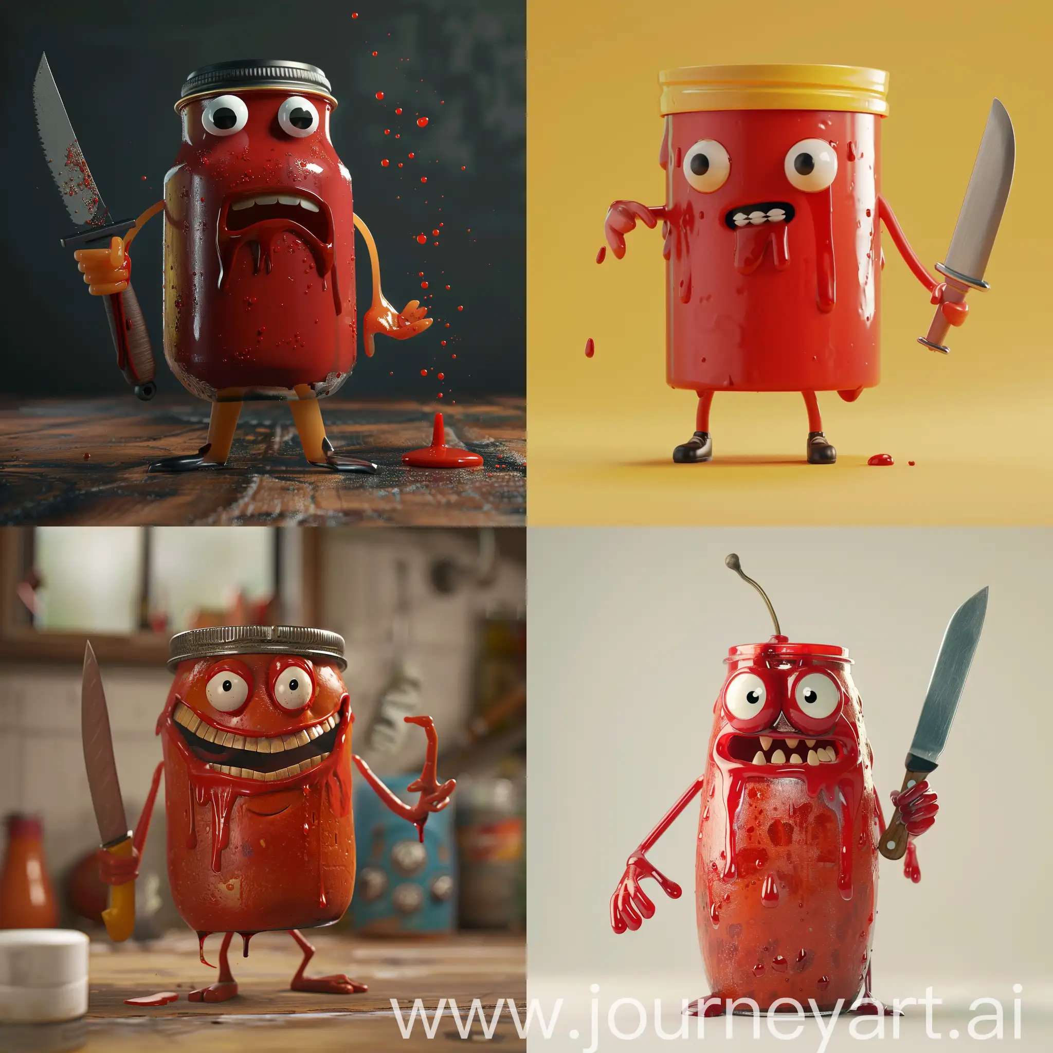 A talking jar of ketchup with arms and legs holding a knife :: 3D animation 