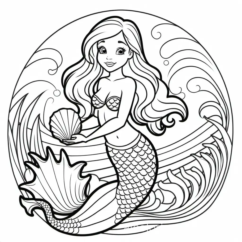 a mermaid  holding a shell, Coloring Page, black and white, line art, white background, Simplicity, Ample White Space. The background of the coloring page is plain white to make it easy for young children to color within the lines. The outlines of all the subjects are easy to distinguish, making it simple for kids to color without too much difficulty, Coloring Page, black and white, line art, white background, Simplicity, Ample White Space. The background of the coloring page is plain white to make it easy for young children to color within the lines. The outlines of all the subjects are easy to distinguish, making it simple for kids to color without too much difficulty