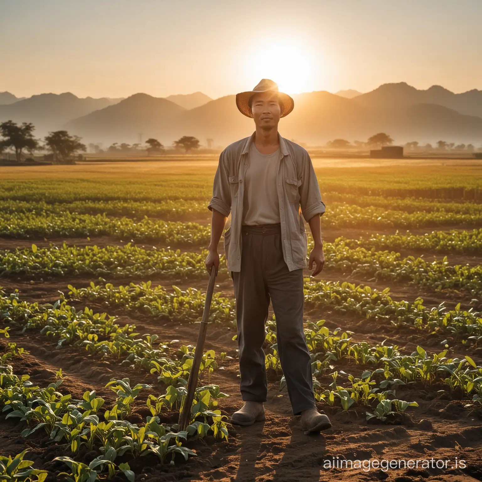 an asian farmer thats standing on his land with a sun in the air