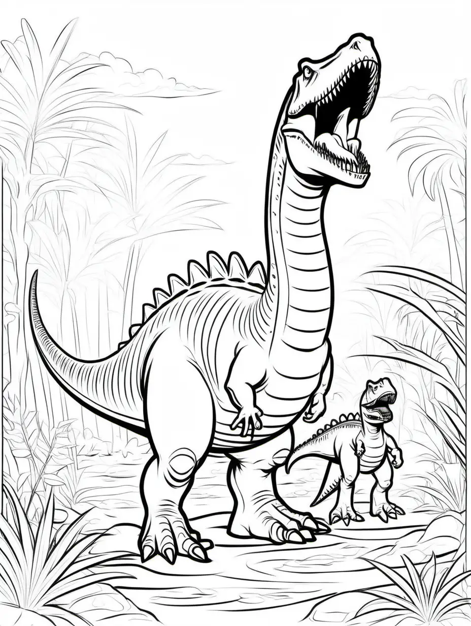 please draw me a cartoon-style Spinosaurus: mother and baby - designed for a children's coloring book, age 3-5. Dimension of the page: 21 x 29,7 cm, upright. Only write background. Text below: T-Rex. Printing standard