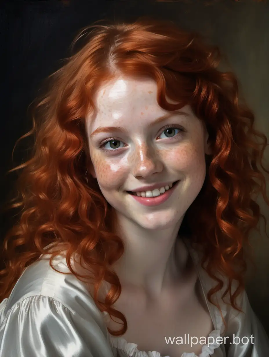 painting of a beautiful 22 year old redhead woman, she is pretty, she has grey eyes, she has pale skin, she has lots of freckles, she has long light red hair that is curly and parted in the middle and falls in curtains, she has bangs, she has a beautiful innocent face, smiling, beaming, very cute, perfect, sense of wonder, Velazquez painting style