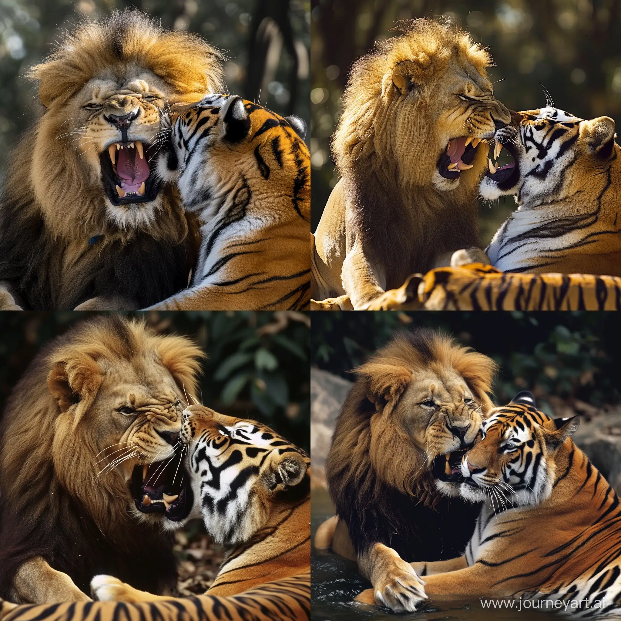 一头强壮的雄狮撕咬着一头老虎