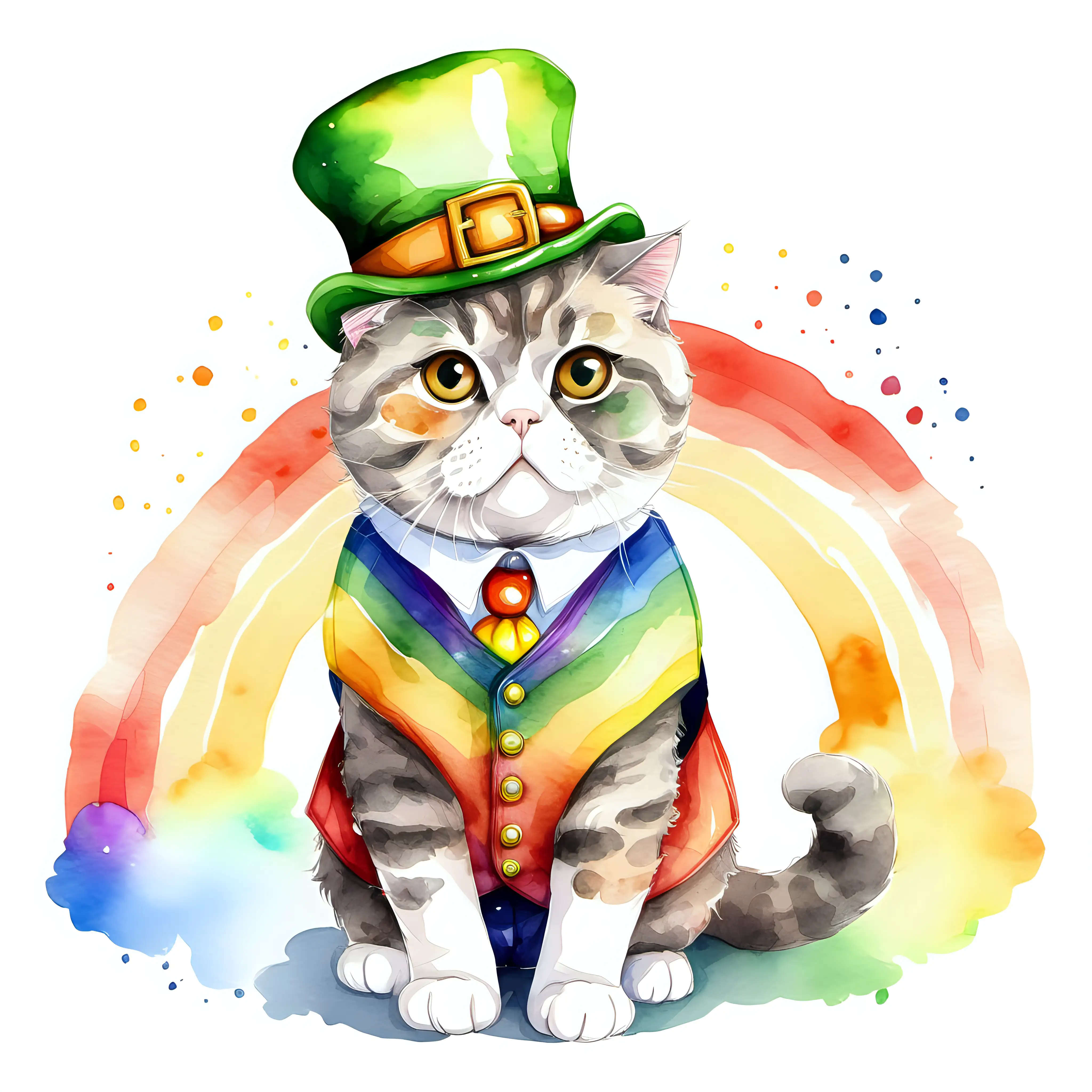 watercolor style, a leprechaun scottish fold cat wearing a vest in front of a rainbow on a white background.