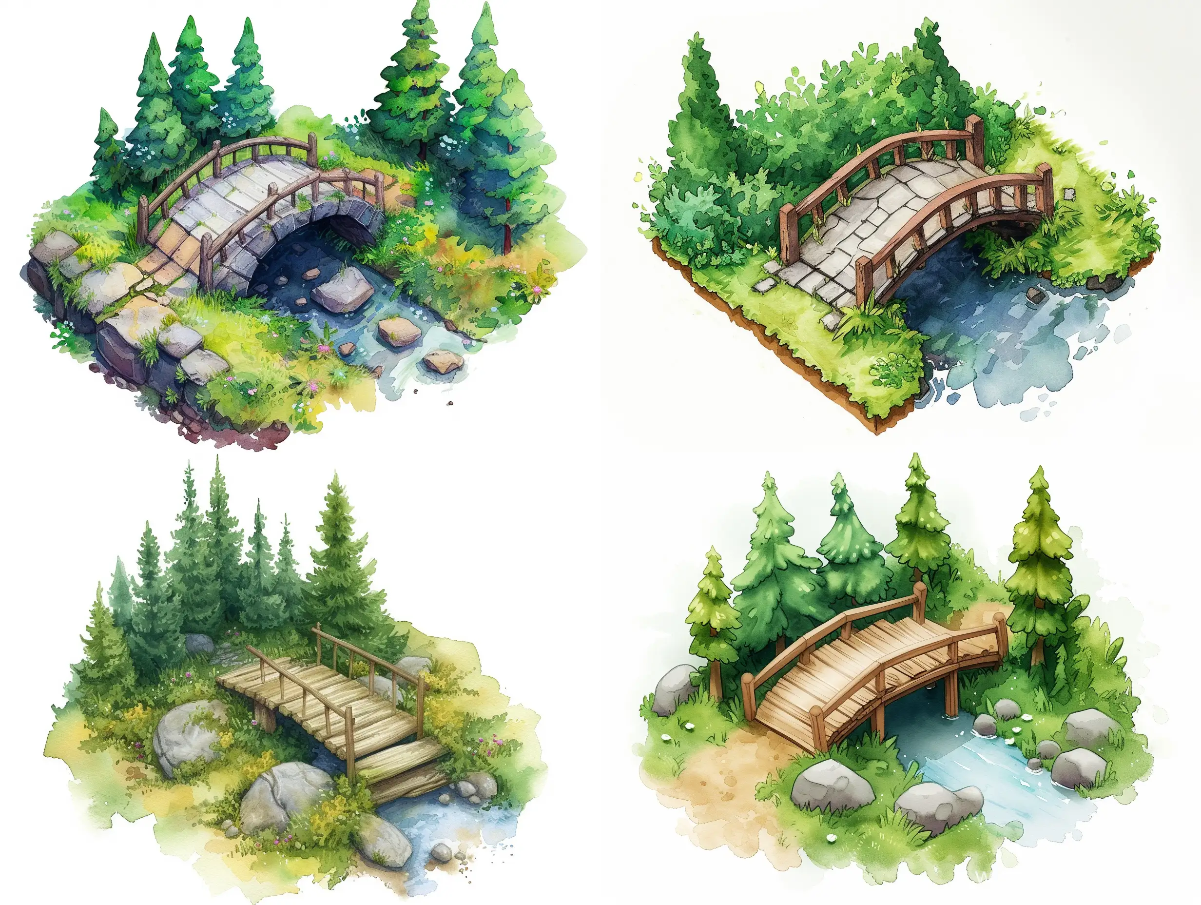 Tranquil-Forest-Scene-Isometric-Watercolor-of-a-Bridge-Over-a-Stream