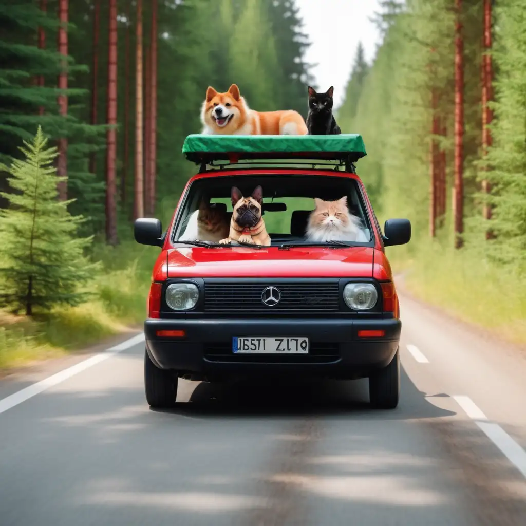 В красной машине сидит собака за рулем, рядом сидит кот, на крыше лежит пес. Они едут по дороге через зеленый хвойный лес. Крупный план