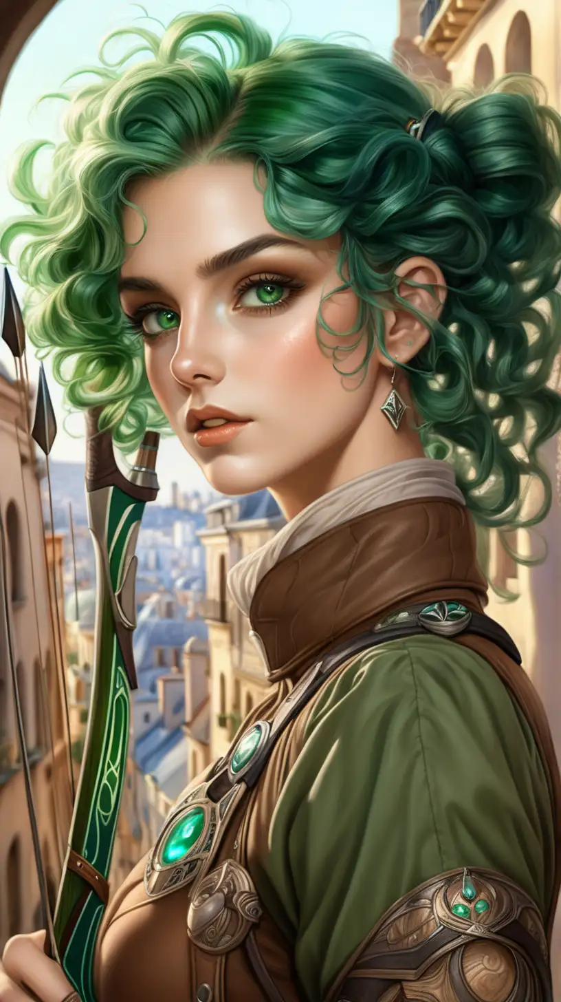 very beautiful human woman dressed in a brown hunter outfit, curley long emrald green hair, emrald green eyes,  charismatic personality, professional photo, in the style of Alfons Mucha, with emphasis on light play, longbow in her hands, old city in the background, High and short depth of field, Ray tracing, FHD, hyper quality --ar 9:16 --s 1000 --v 6. 0 super realistic photo, hyper detail, great attention to skin and eyes, professional photo, 