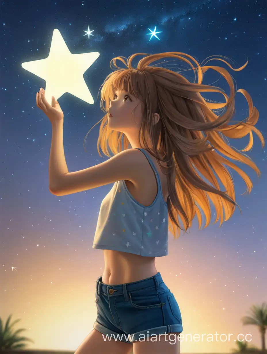 Девушка держит перед собой звезду, ее волосы развиваются. Она одета в топик и шорты