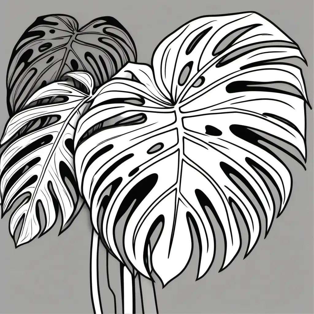 Adult coloring book, no shading black and white image of a large monstera plant 