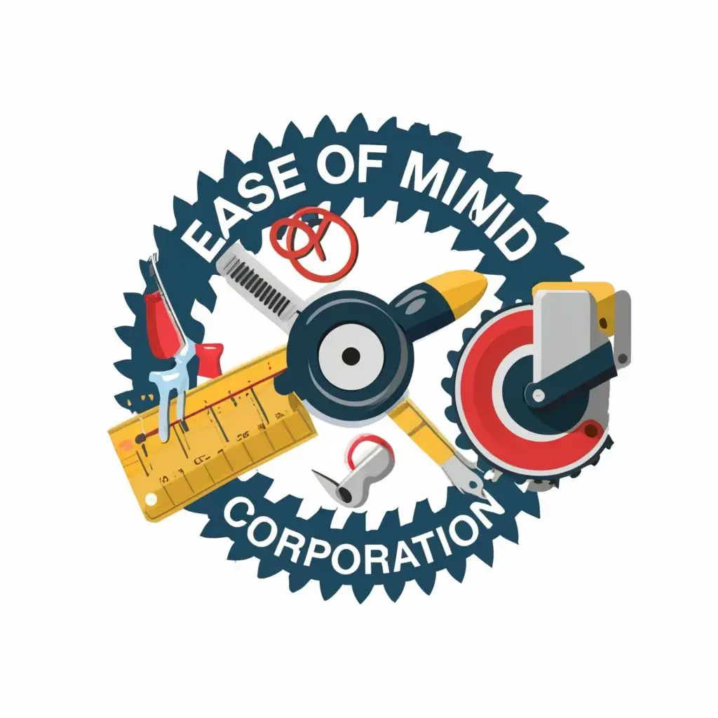 logo, TAPE MEASURE, PAINTING, CIRCULAR SAW, with the text "EASE OF MIND CORPORATION", typography, be used in Construction industry