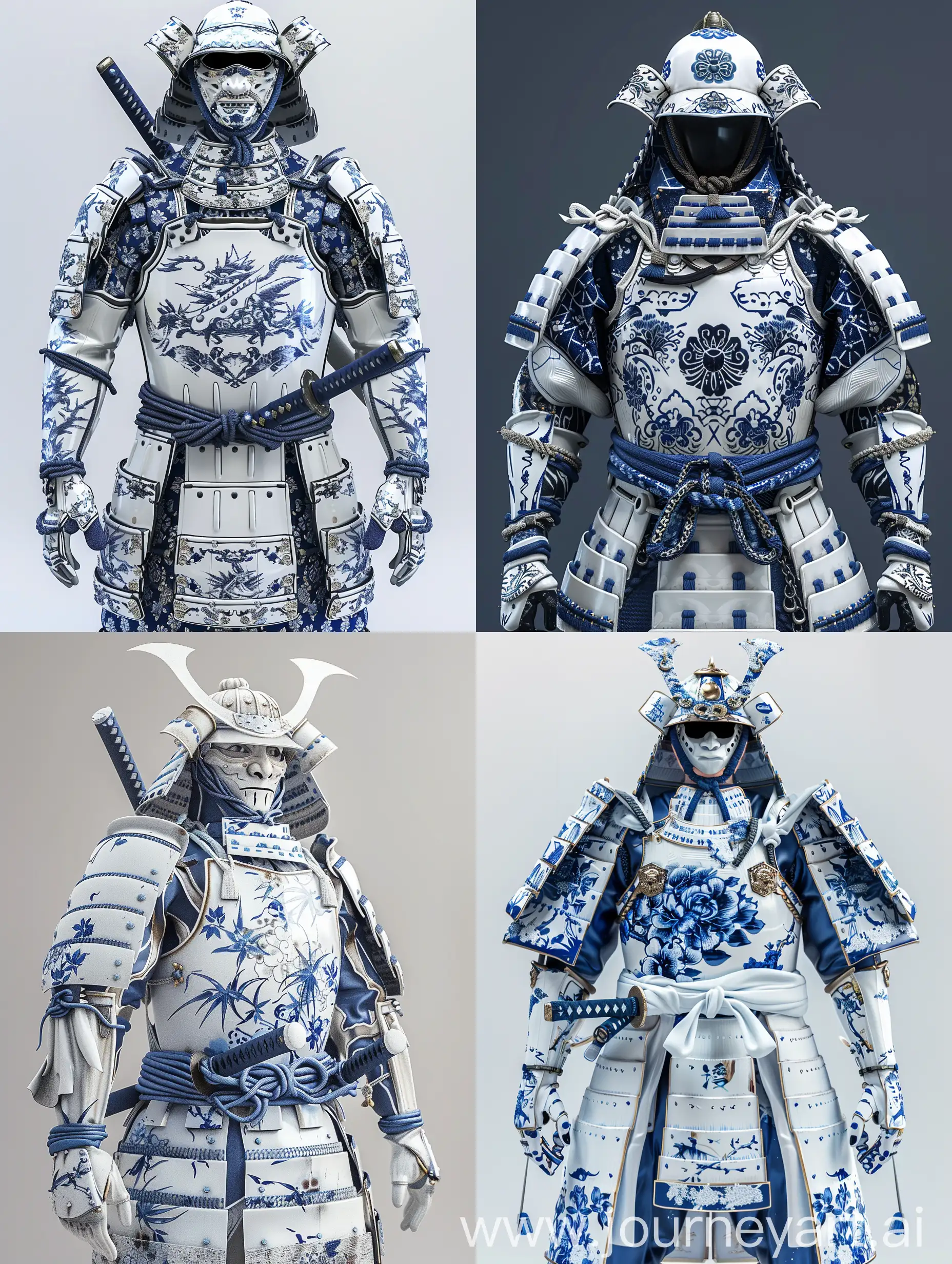 real samurai, white and blue porcelain armour, hyper realistic, 3d