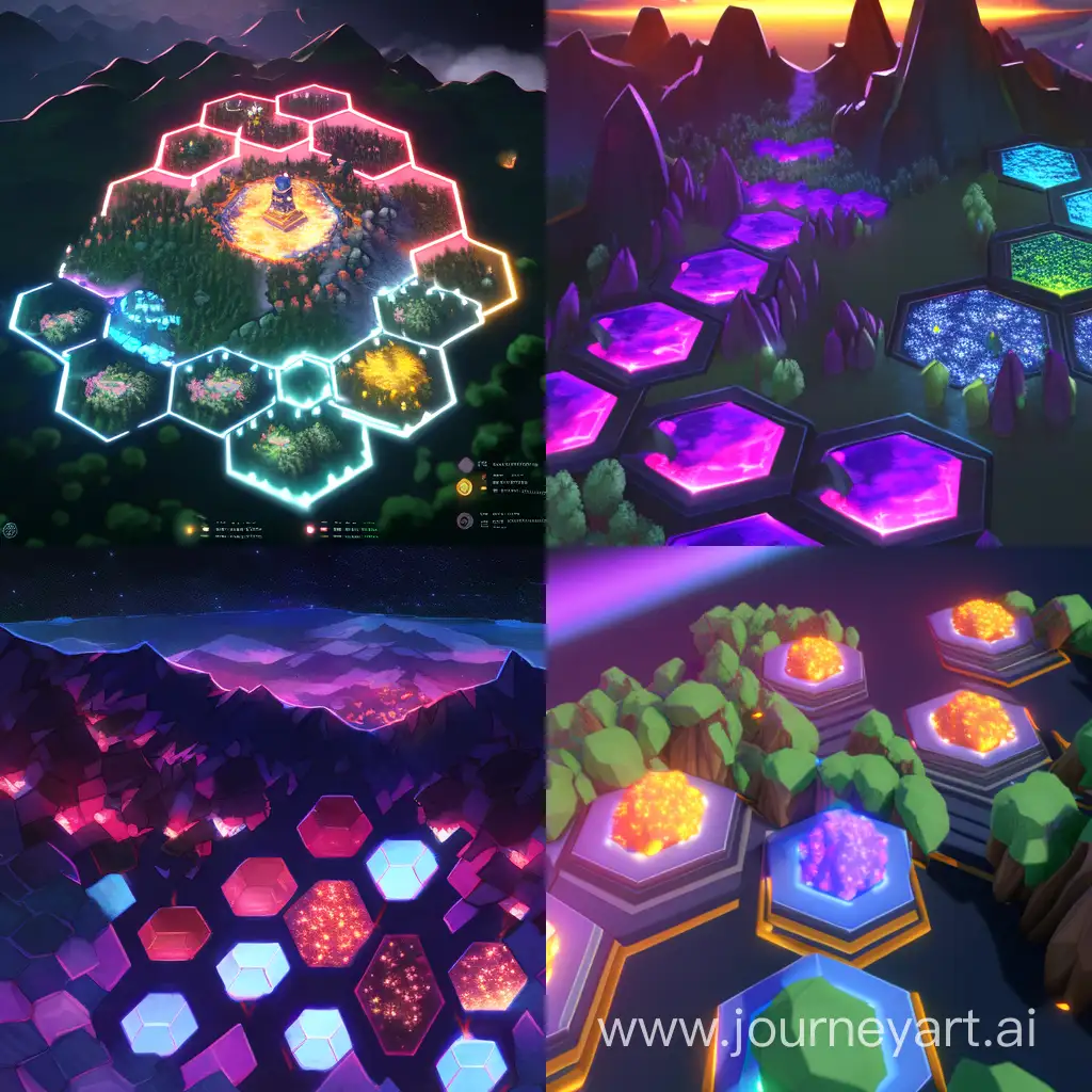 Vibrant-Hexagonal-Lights-Illuminate-Aerial-Mountain-and-Tree-Relief