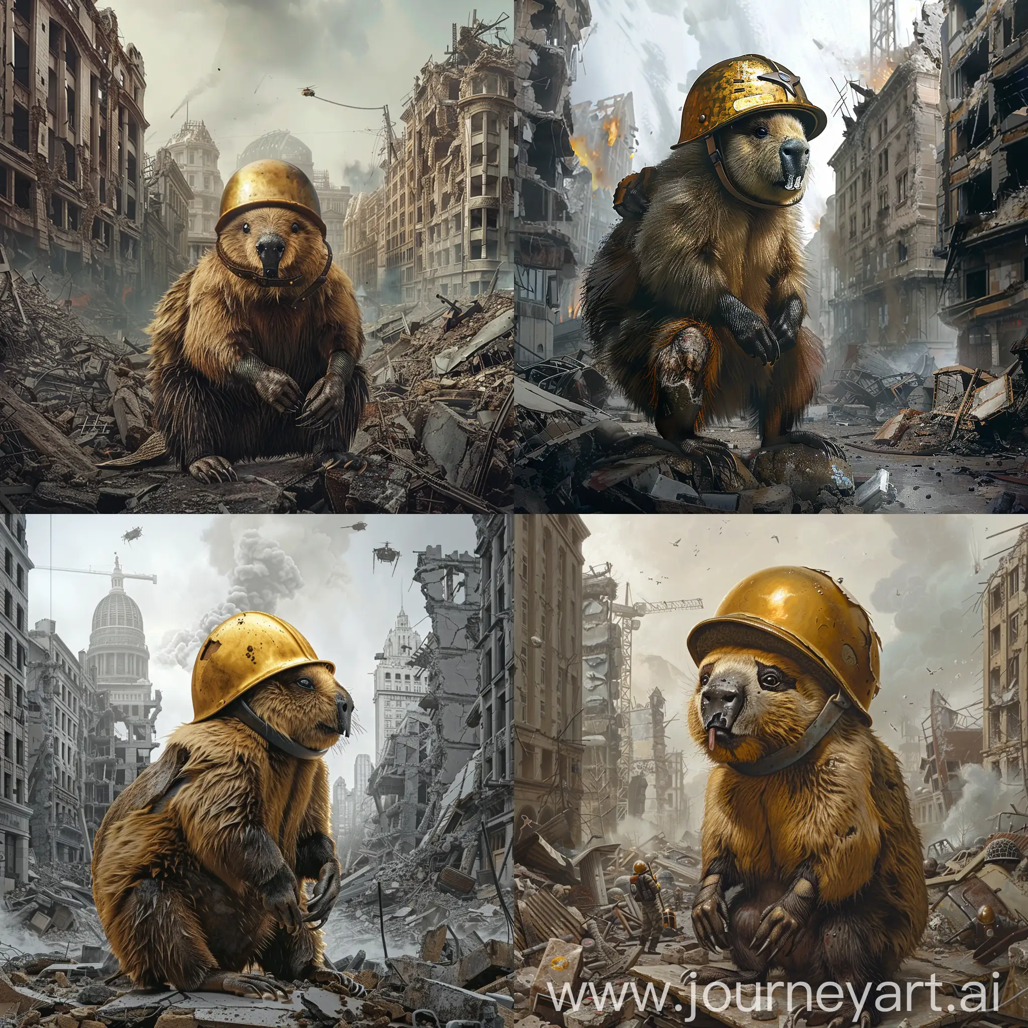 Beaver-in-Golden-Helmet-Amidst-WarTorn-City