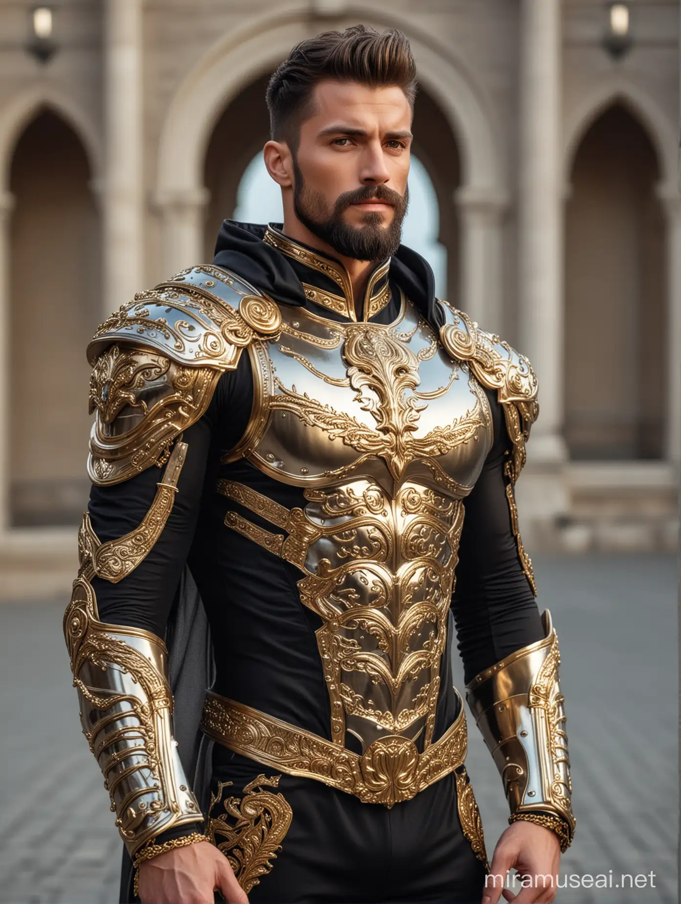 Tall and handsome bodybuilder men with beautiful hairstyle and beard with attractive eyes and Big wide shoulder and chest in fantasy royal golden and sliver armour suit with black cape standing outside palace in evening 