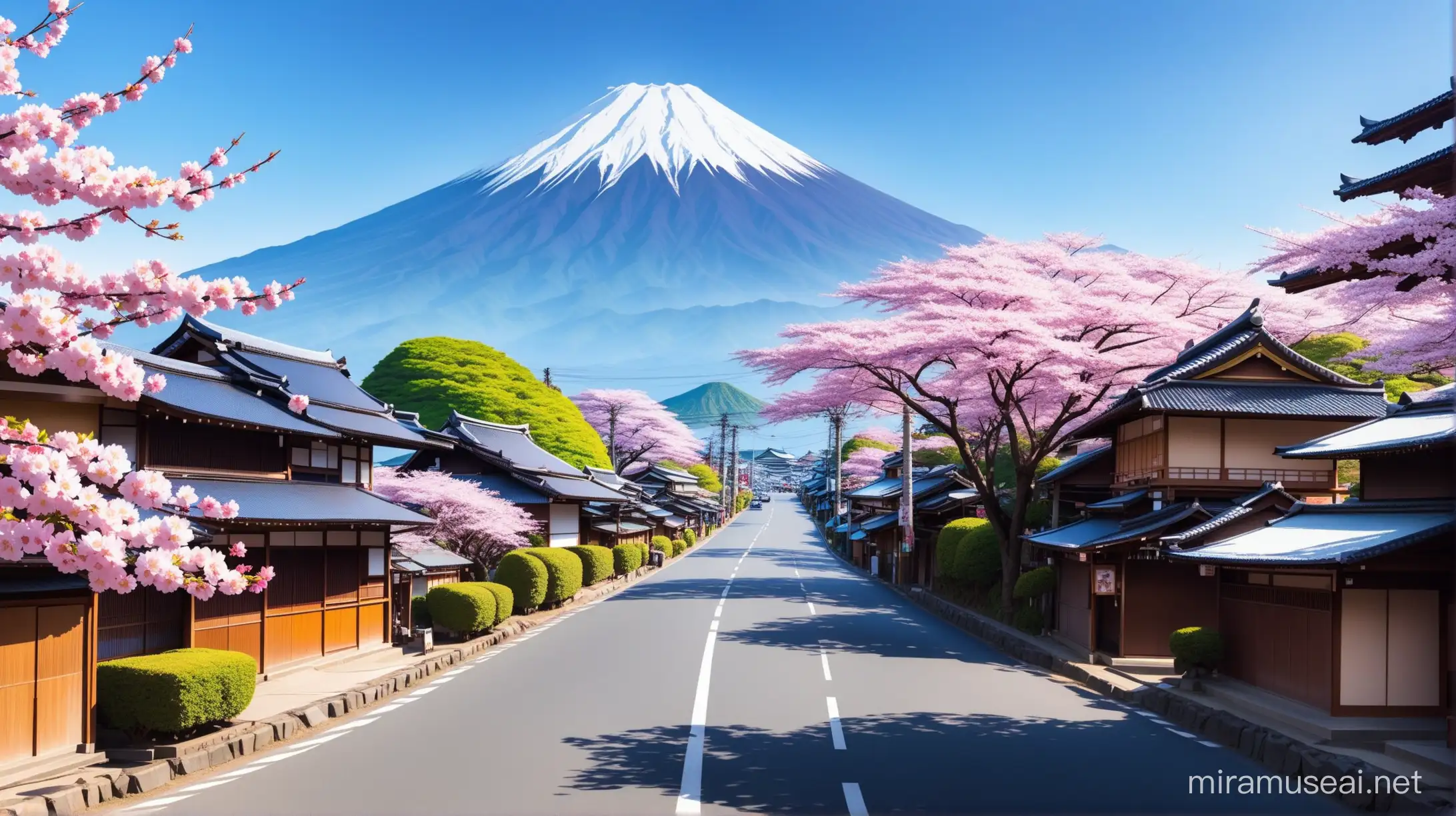 Market in Thailand with Royal Flower Decorations Road and Japanese House against Mount Fuji and Sakura Trees Background