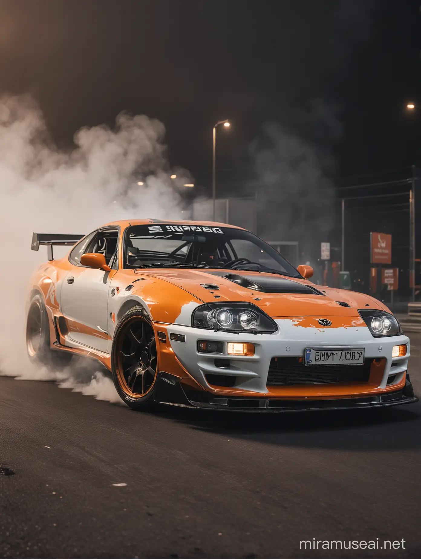Generate a realistic photo,Side Front view, Toyota Supra 1990, White, Headlights black and orange, Wide race body kit, Drift Photoshoot, CAMERA HAZE, BLUR, Magazine LUT, HIGH RESOLUTION, real size, Smoke on tires, dynamic move, drone overview, Night time


