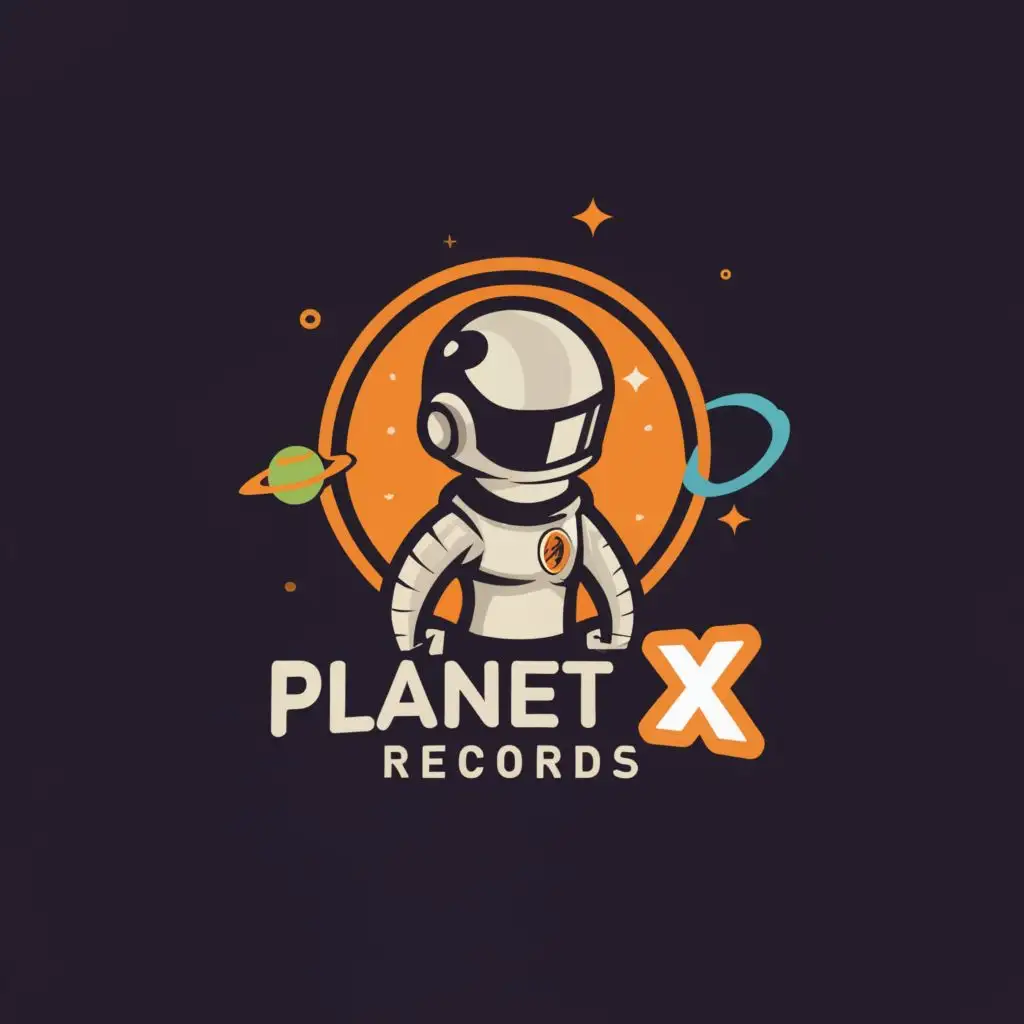 a logo design,with the text "Planet X Records", main symbol:A moon man wearing a spacesuit with a moon man as the logo on the chest.,Moderate,clear background