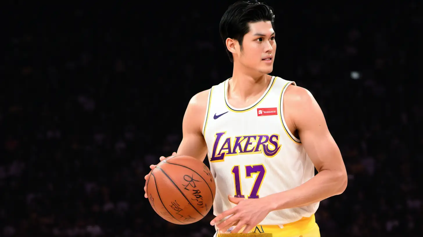 Shohei Ohtani playing basketball in a Los Angeles Laker uniform
