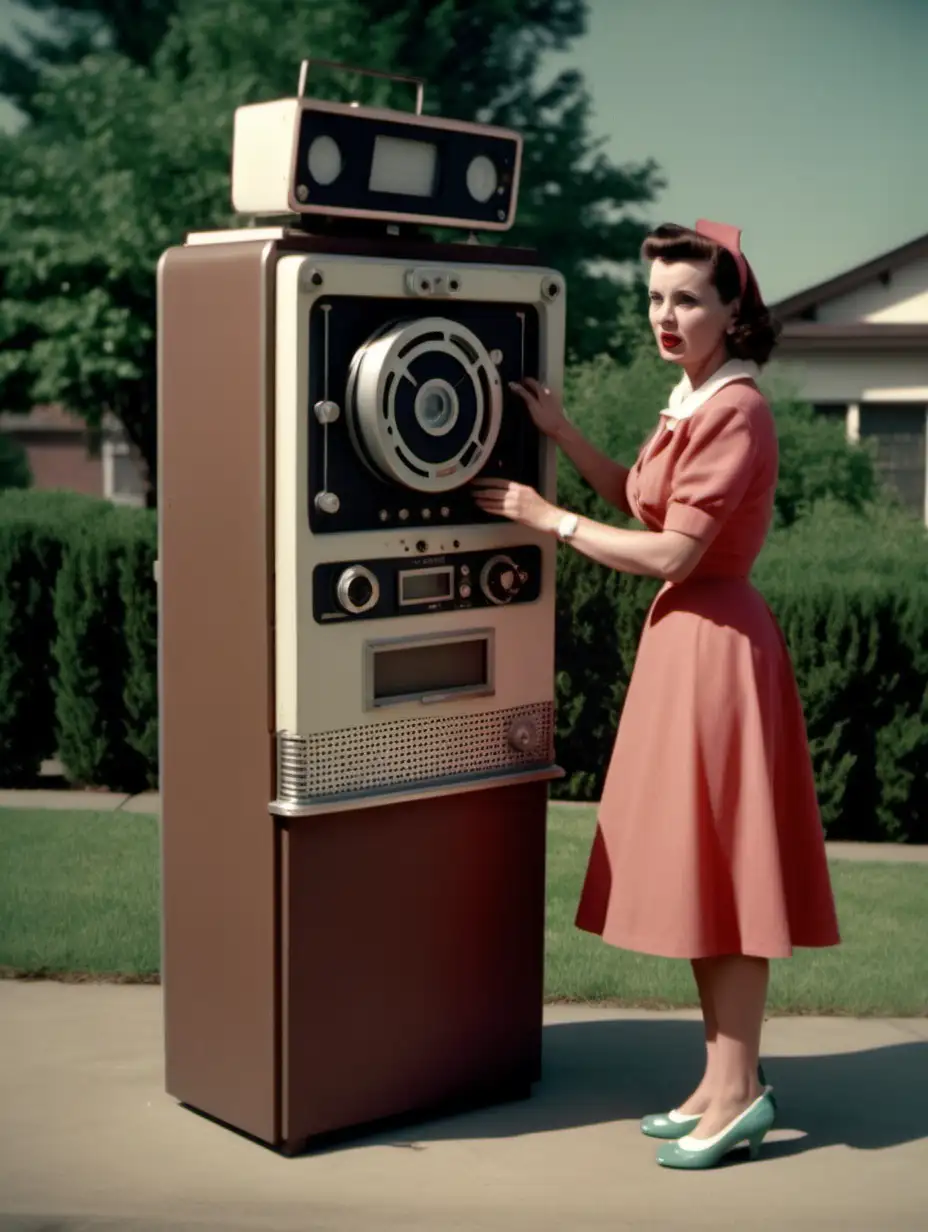 1950s wife standing outside old video recorder for a head, high-quality, full length, 1950s, cinematic, Photorealistic, shot with a 35mm lens at f/1.4, 8k