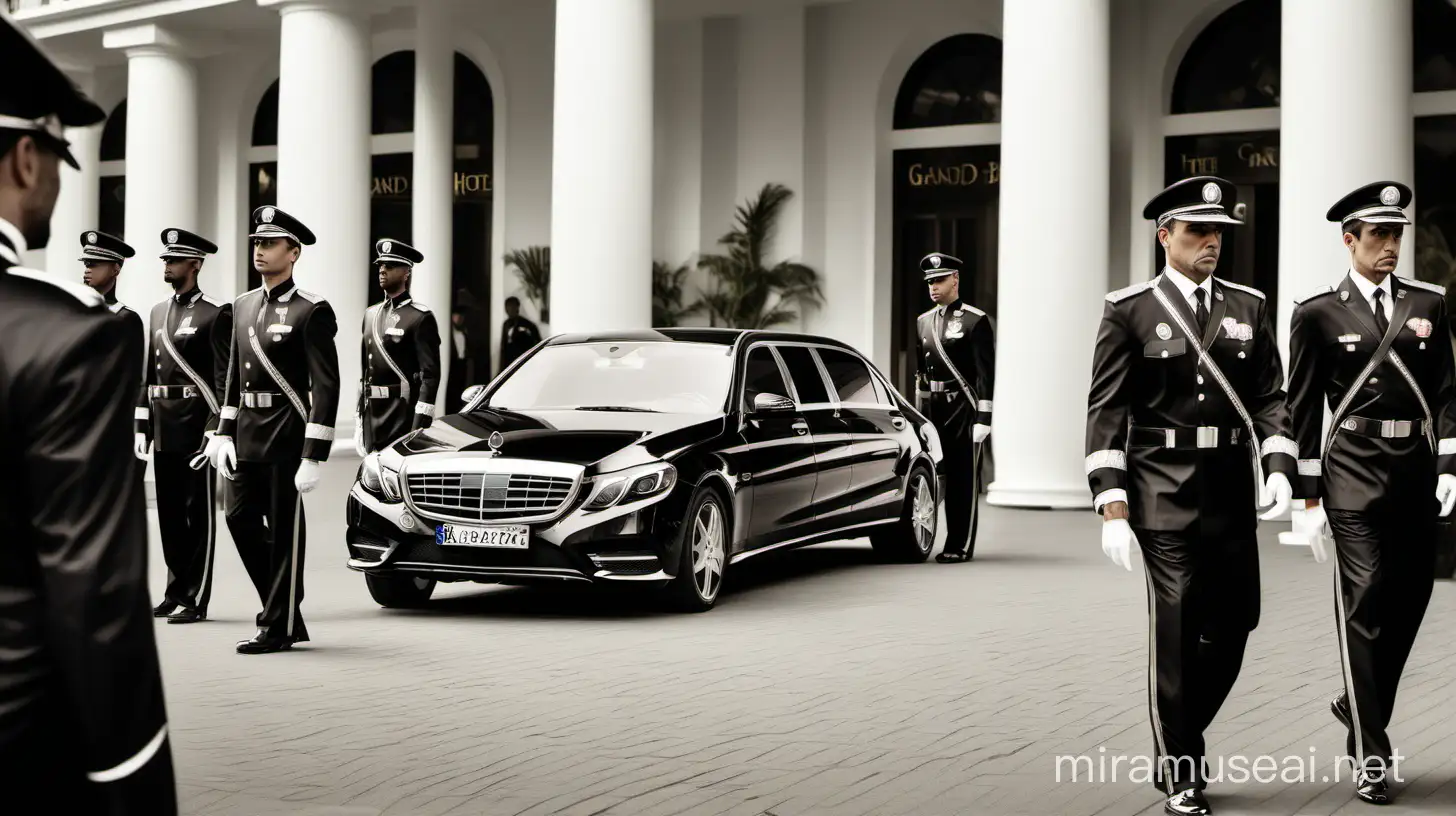 At the entrance of a grand hotel, the arrival of a fleet of black Mercedes-Benz sedans signals the presence of power and influence. As the engines purr to a stop, the Capo emerges from one of the vehicles, flanked by his loyal guards. Clad in impeccable suits and exuding an aura of authority, they form a protective cordon around him as he strides confidently towards the hotel entrance. The scene unfolds with a sense of quiet reverence, bystanders pausing to watch the procession, acknowledging the significance of the moment. With every step, the Capo's presence commands attention, setting the stage for a meeting of utmost importance within the opulent confines of the hotel.