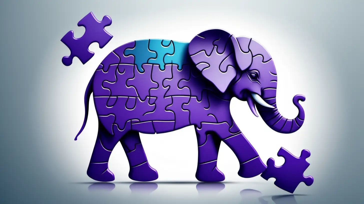 i need a logo that has an elephant on it and a puzzle piece modern with purple blues and greys in it
