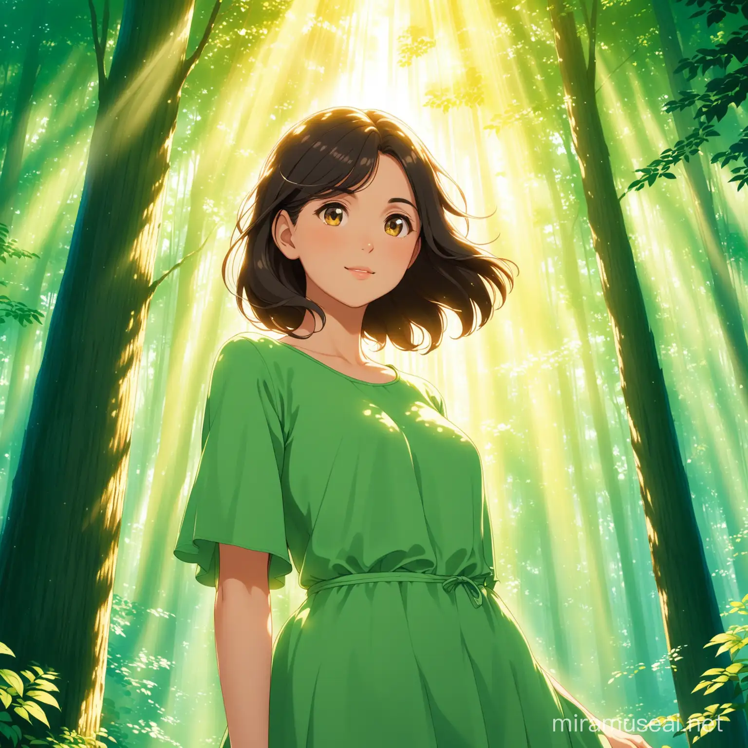 in the style of ghibli studios a very attractive woman posing, with a lush forest in the background with rays on sunshine shining through the tree tops
