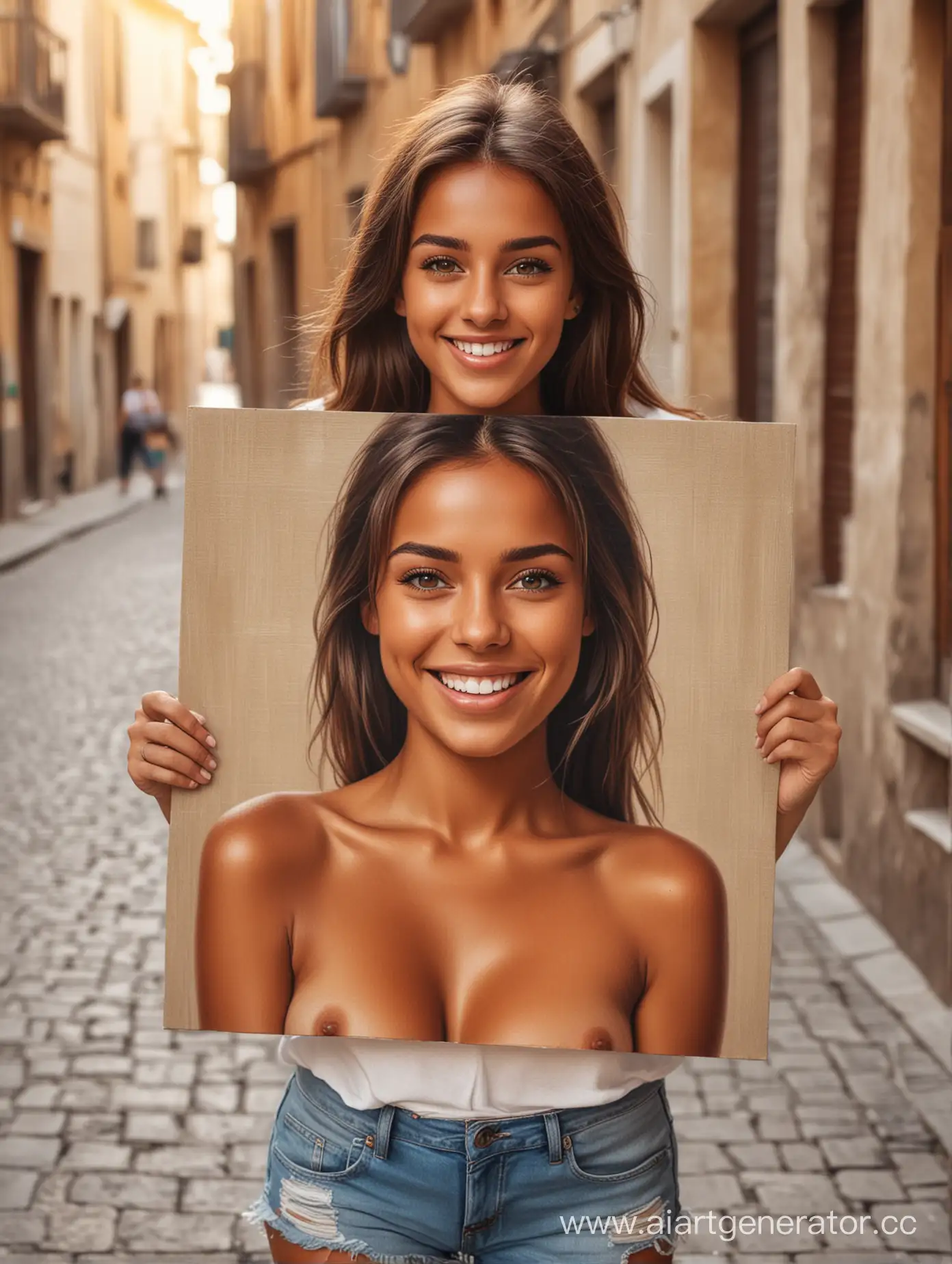 A happy, beautiful tanned girl holds a portrait on canvas in her hands. Full-length. realistic. High definition. The exact drawing of the hands. High quality. on the street