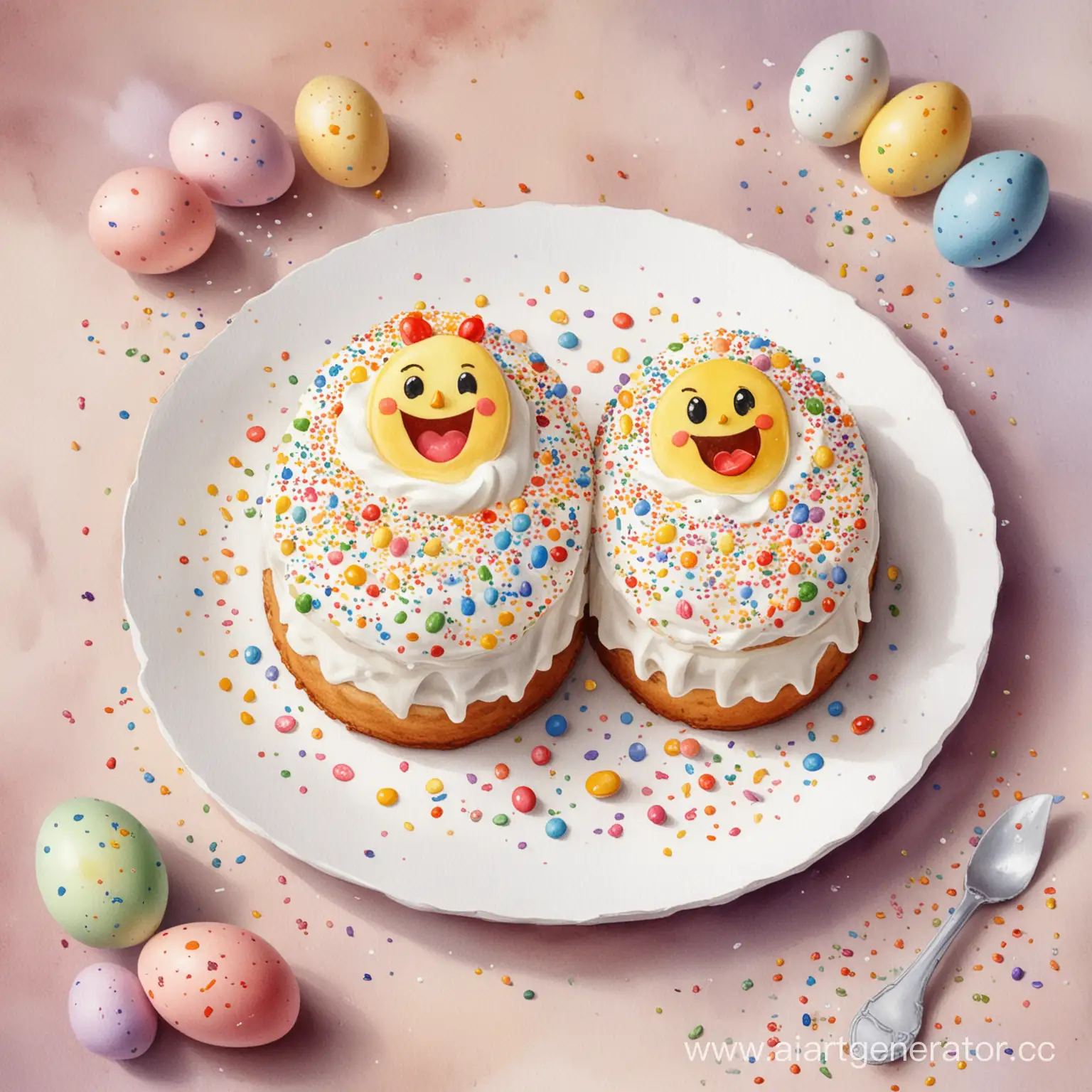 Colorful-Easter-Cakes-and-Smiley-Eggs-Watercolor-Painting