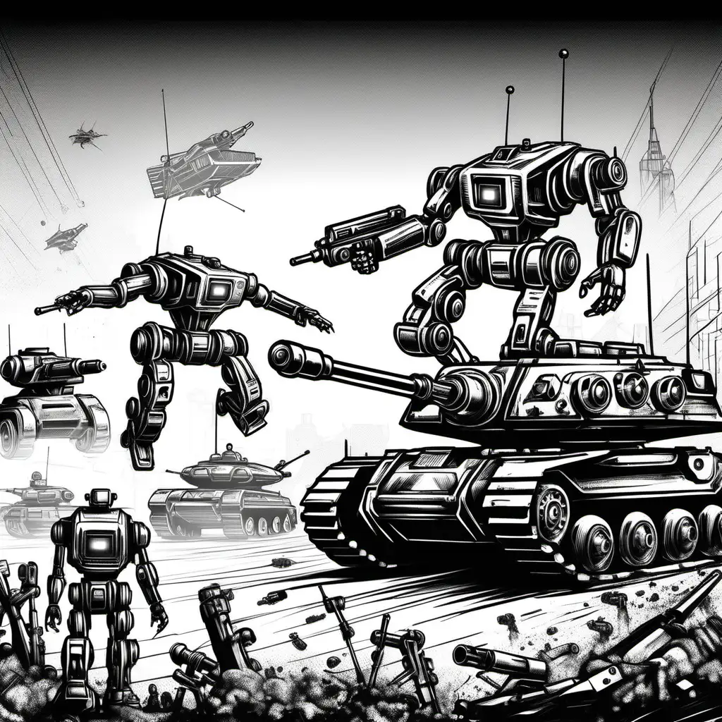 Invasion of robots, they have lasers in the hands. Tanks and war machines. Sketch, art line style, black and white 