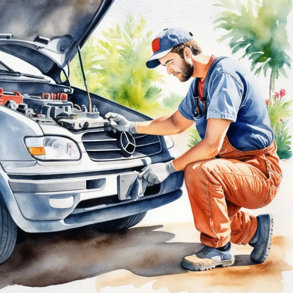 Summer Car Mechanic Vibrant Watercolor Scene