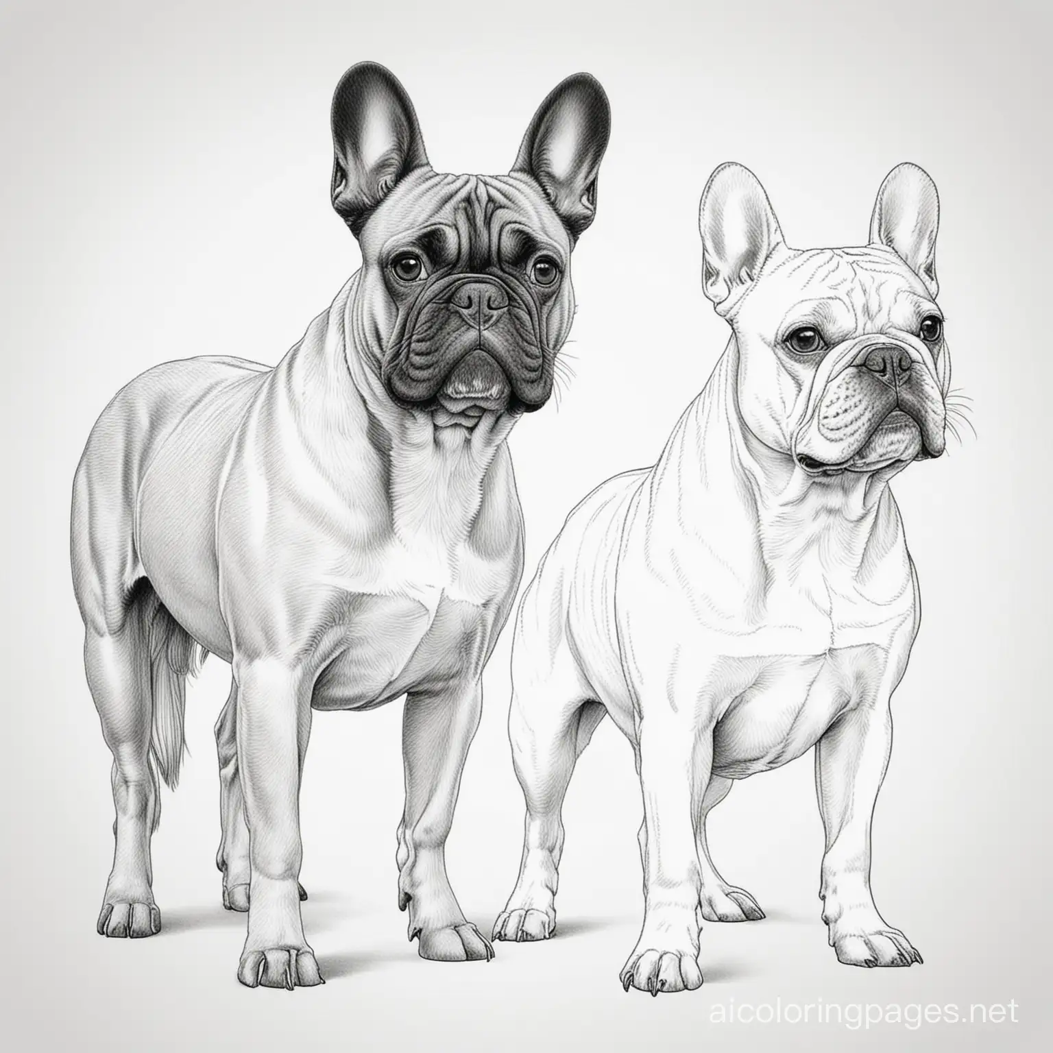  horse and a French bulldog
, Coloring Page, black and white, line art, white background, Simplicity, Ample White Space. The background of the coloring page is plain white to make it easy for young children to color within the lines. The outlines of all the subjects are easy to distinguish, making it simple for kids to color without too much difficulty