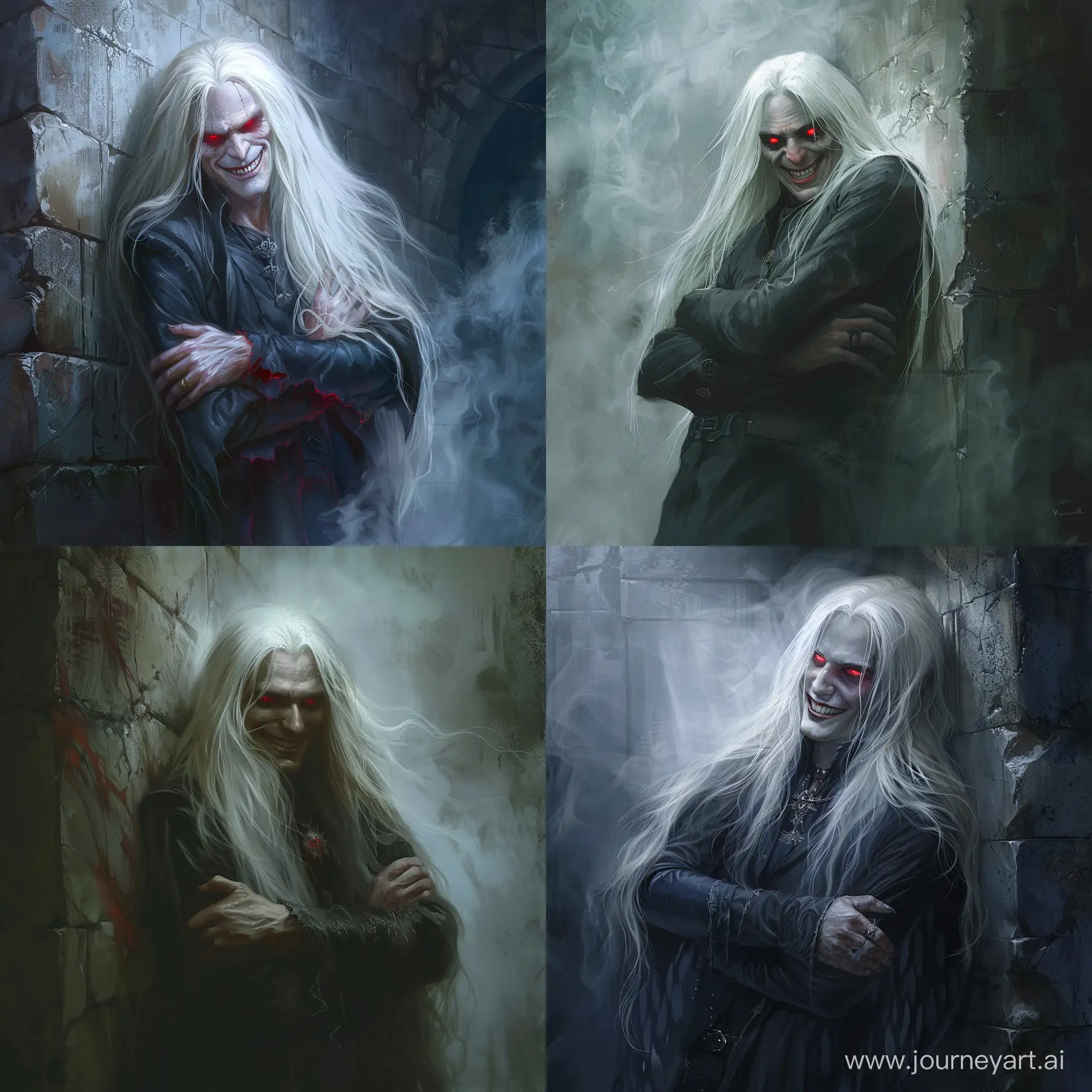 Vampire male, long white hair, leaning against the wall, arms crossed on chest, red evil eyes, gloomy smile, dark dungeon, fog, dark fantasy art