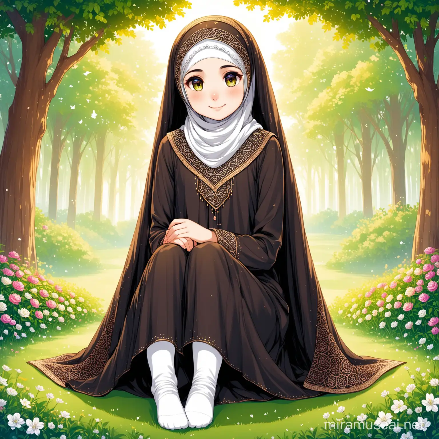 Character 8 years old Persian girl(full height, Muslim, with emphasis no hair out of veil(Hijab), smaller eyes, bigger nose, white skin, cute, smiling, wearing socks, clothes full of Persian designs) named Fatemeh.
Mother of Fatemeh's name is Roqayeh, Roqayeh is wearing modest clothes, veil.
Fatemeh is sitting with her mother Roqayeh politely.

Atmosphere forest, grass flowers, etc...