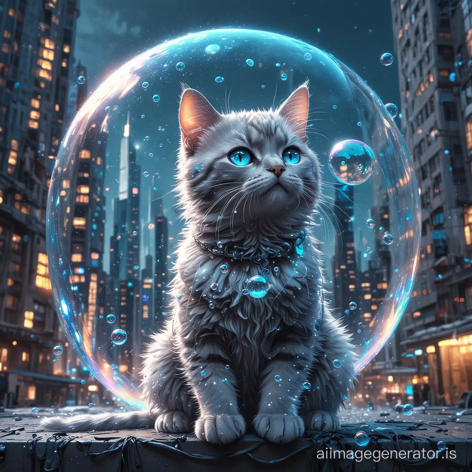 Cyberpunk-Cat-Surrounded-by-Glowing-Blue-Bubbles-in-Urban-HighRise