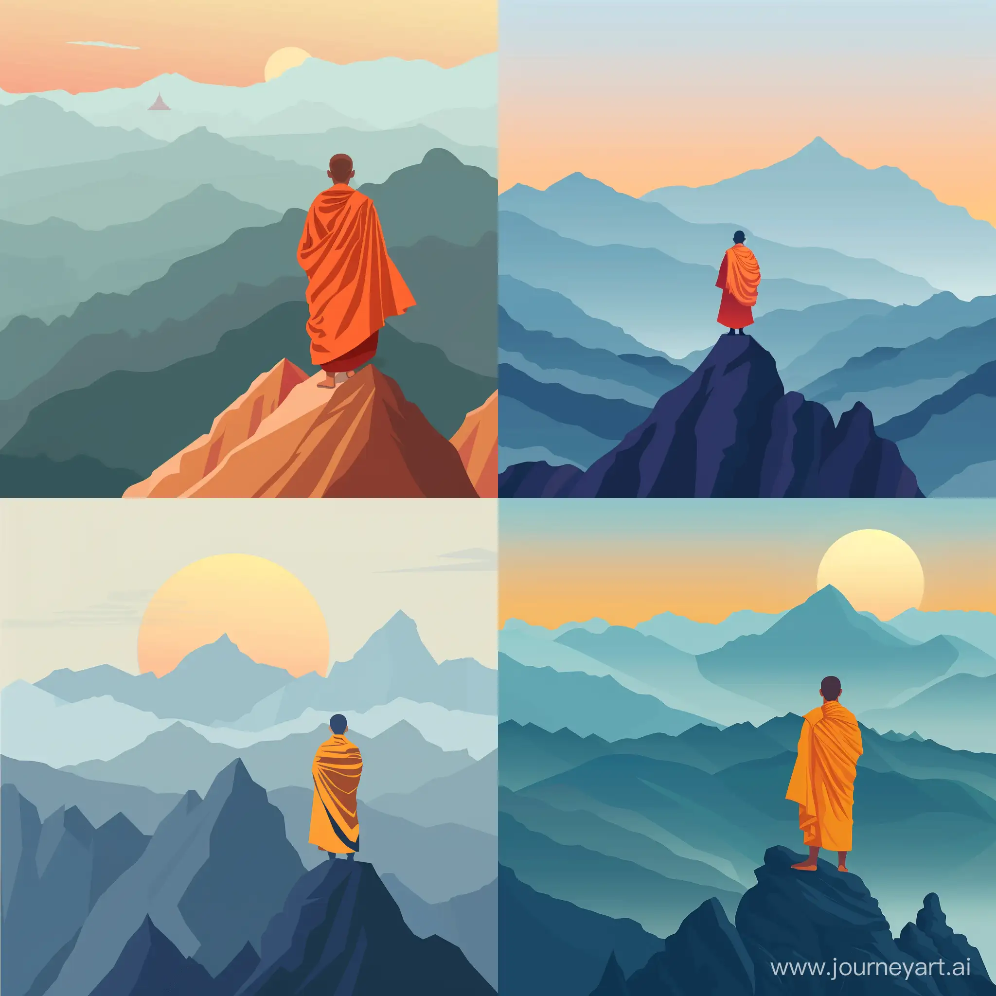 A Buddhist monk on the top of mountains, in flat style