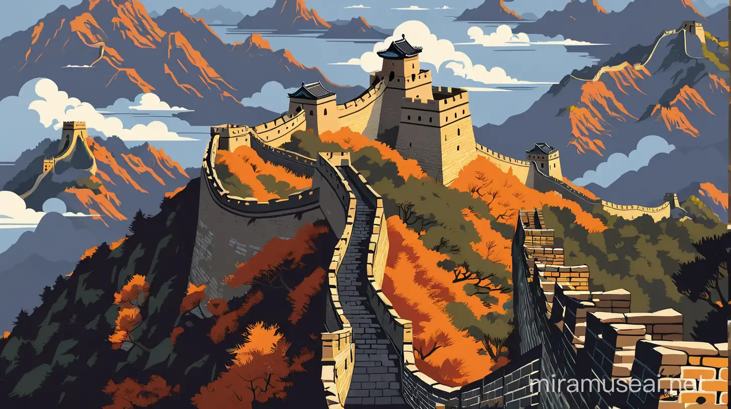 Great Wall of China in Original State Fusion of Flat Vector Art and Travel Poster Style