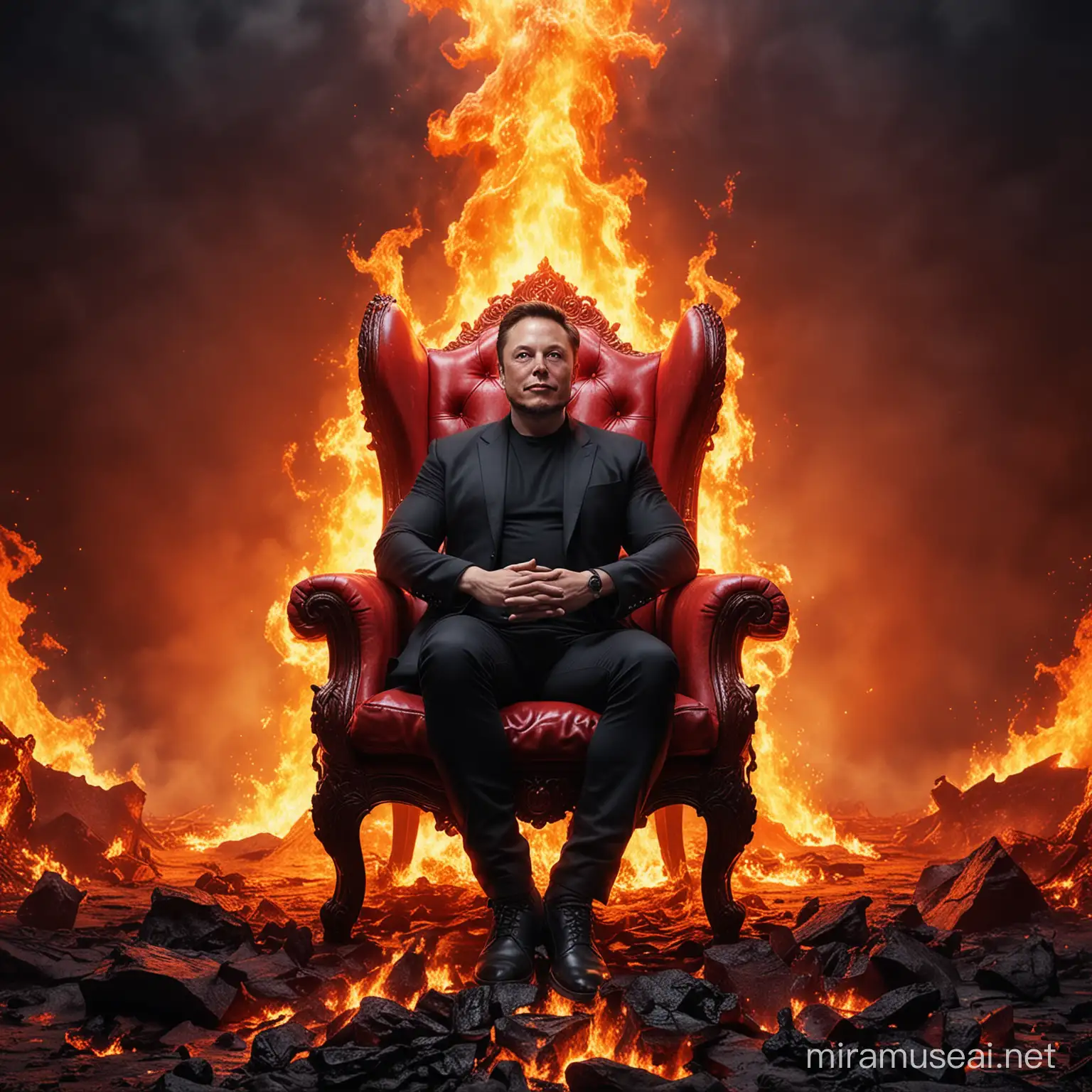 Elon Musk Sitting in Devil Chair Surrounded by Realistic Colorful Fire in Hell