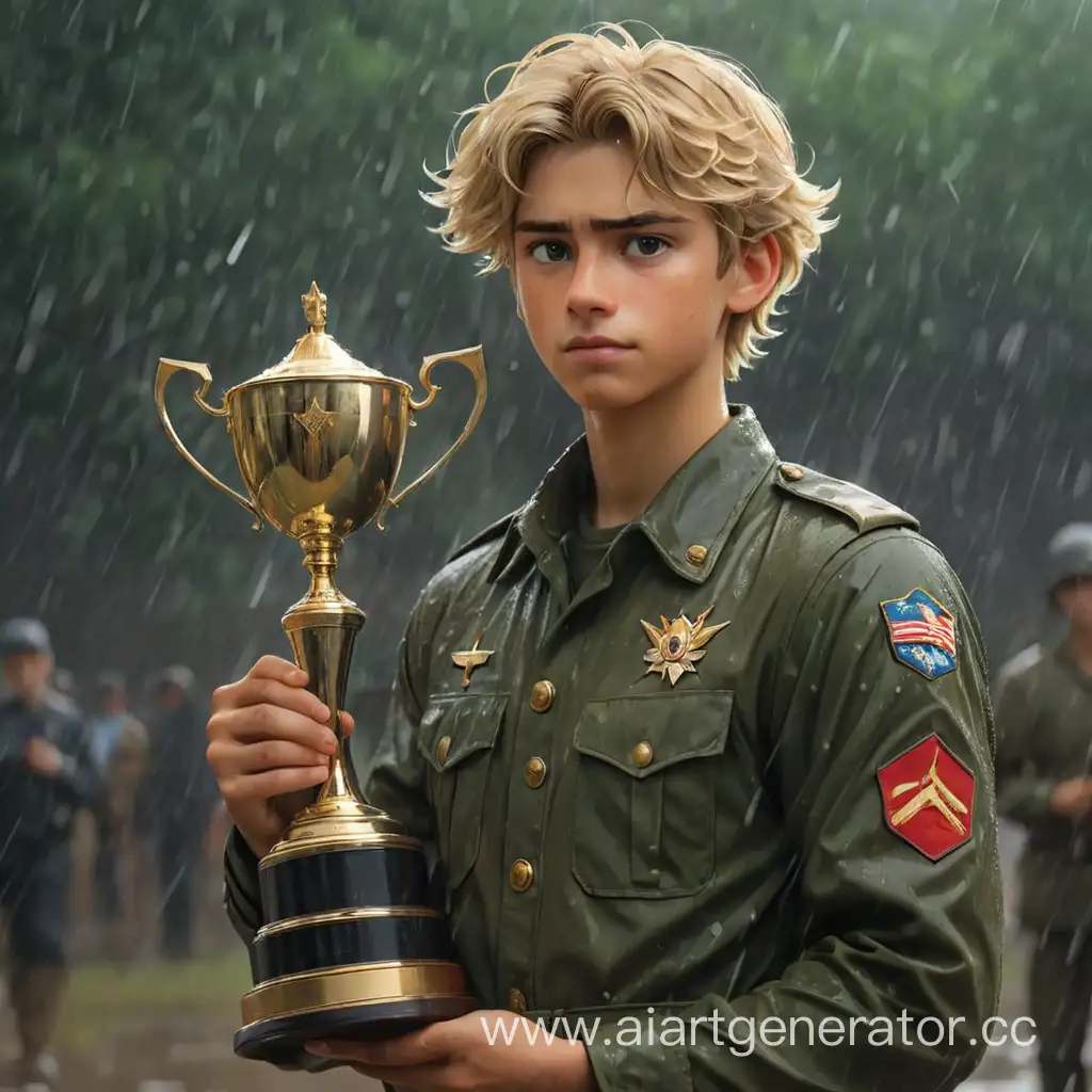 Blonde-Young-Man-in-Military-Uniform-Holding-Trophy-and-Broken-Heart-in-the-Rain