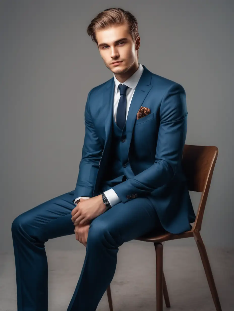 Make a photo of a guy in suit, handsome on a chair leaning forward 