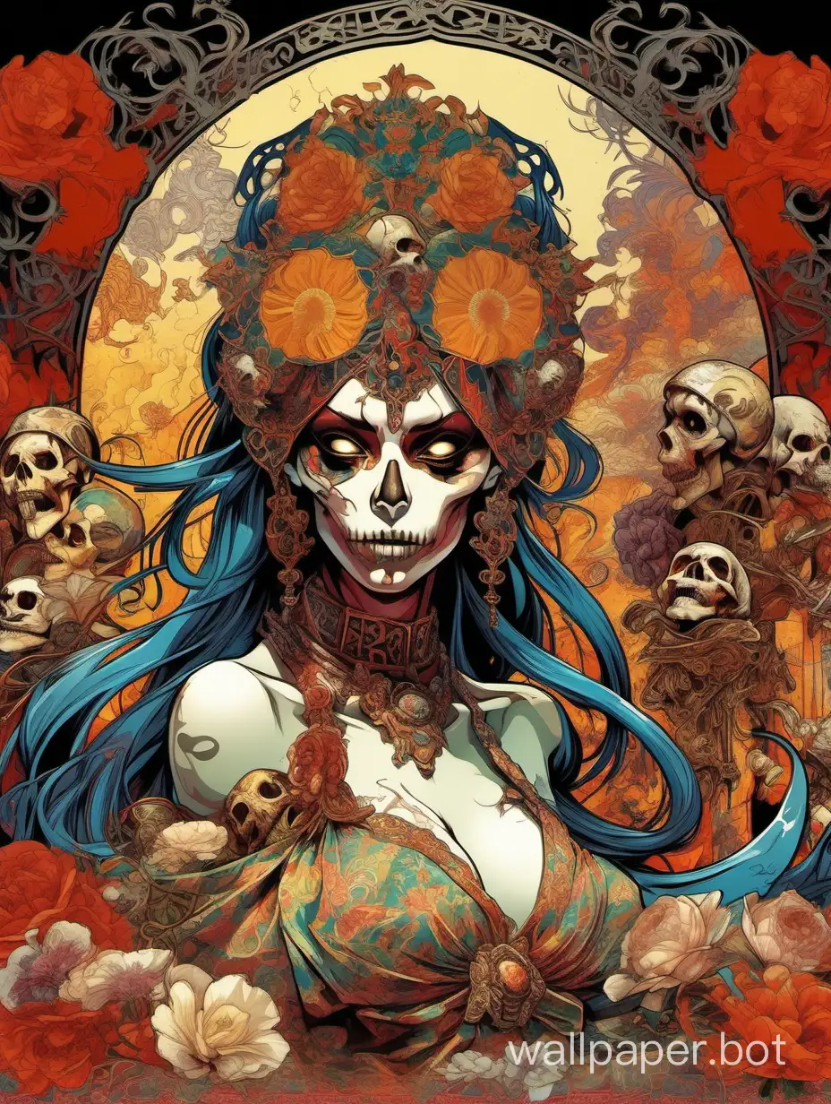 crazy horror skull odalisque, chaos ornamental assimetrical, chinese poster, torn poster edge, alphonse mucha hiperdetailed, highcontrast, 3d deep backgroung, explosive dripping colors, sticker art