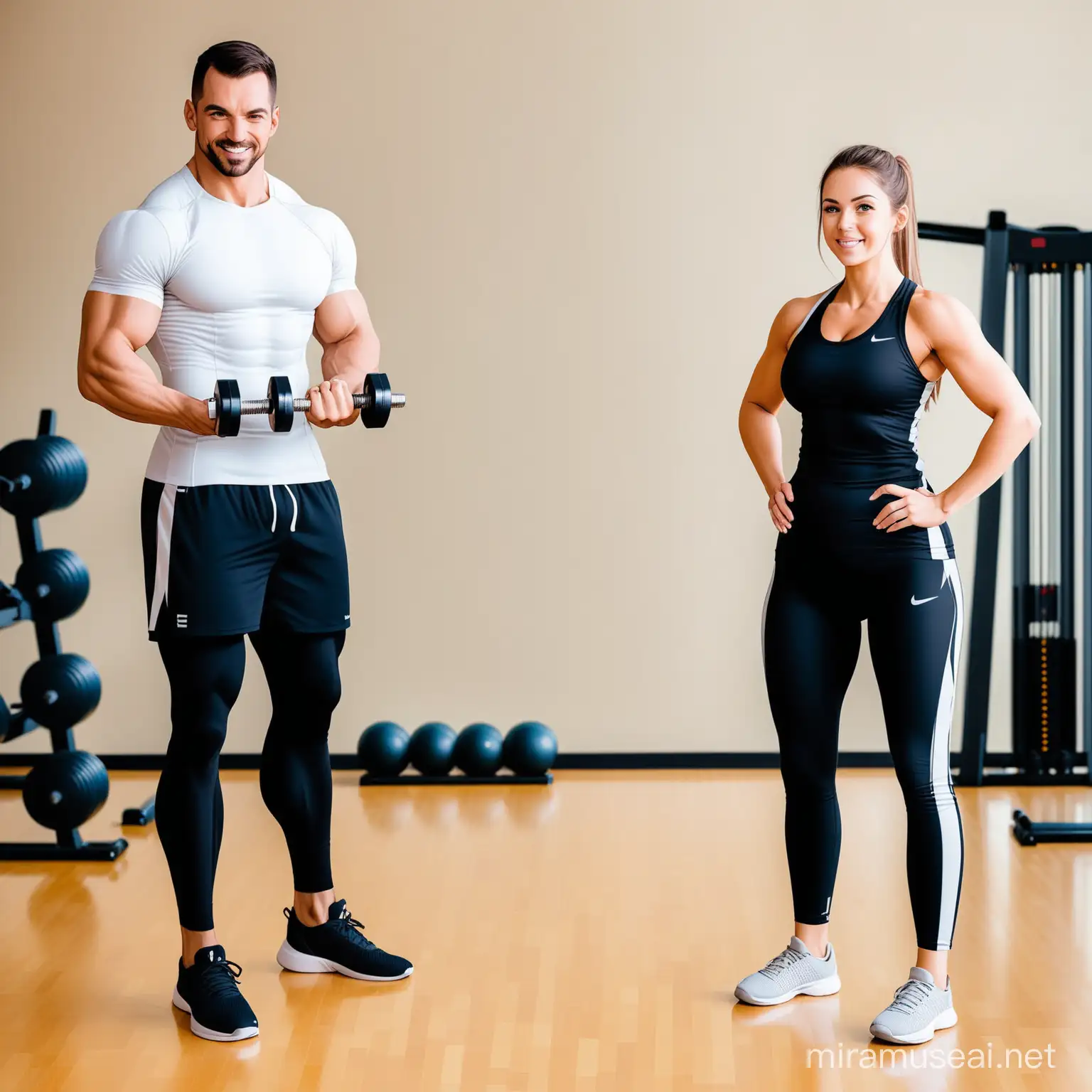 generate image of a man and woman in gym with full cloths  holding dumbles