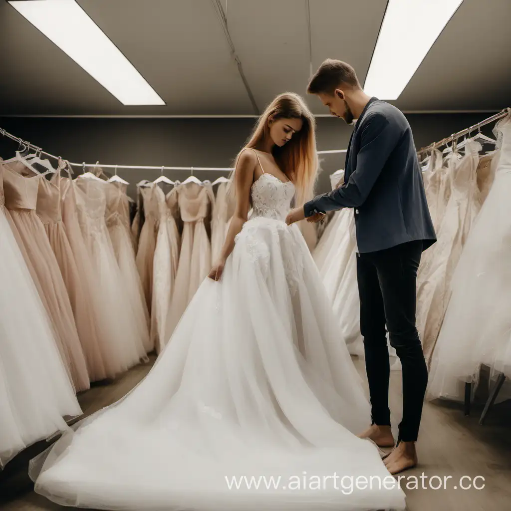 Девушка с парнем выбирает свадебное платье