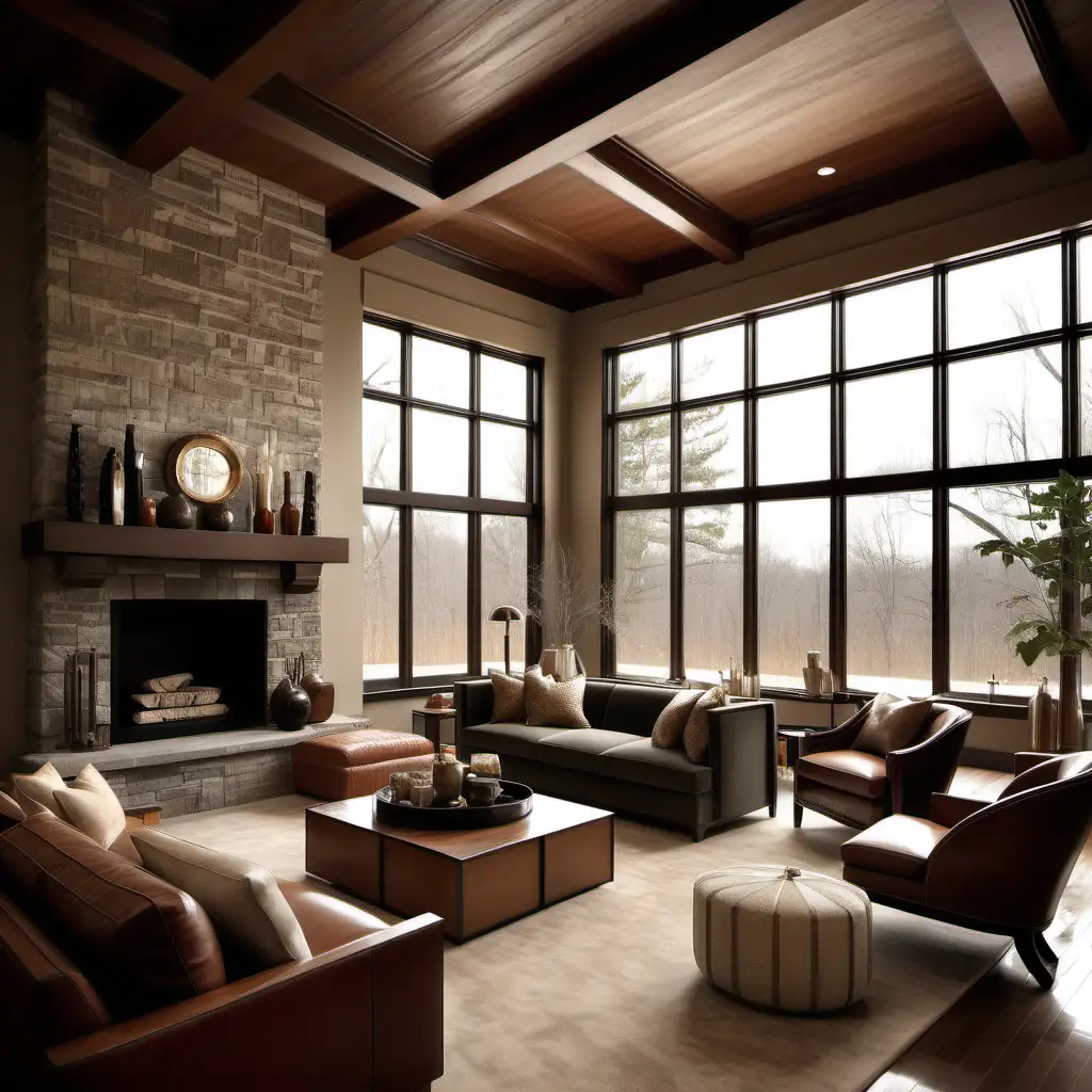/imagine cozy living room in a style combination of modern rustic and art deco with a trey ceiling and fireplace, couch near large window — ar 2:3